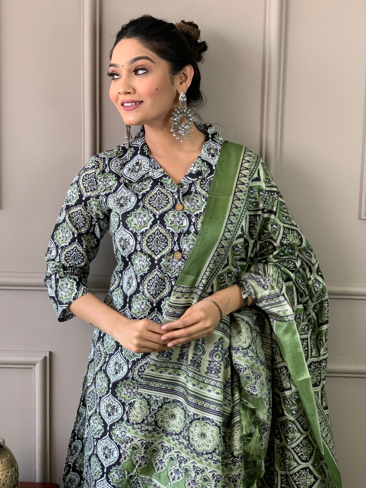 Ajrakh Work Cotton Kurta Set with Silk Dupatta