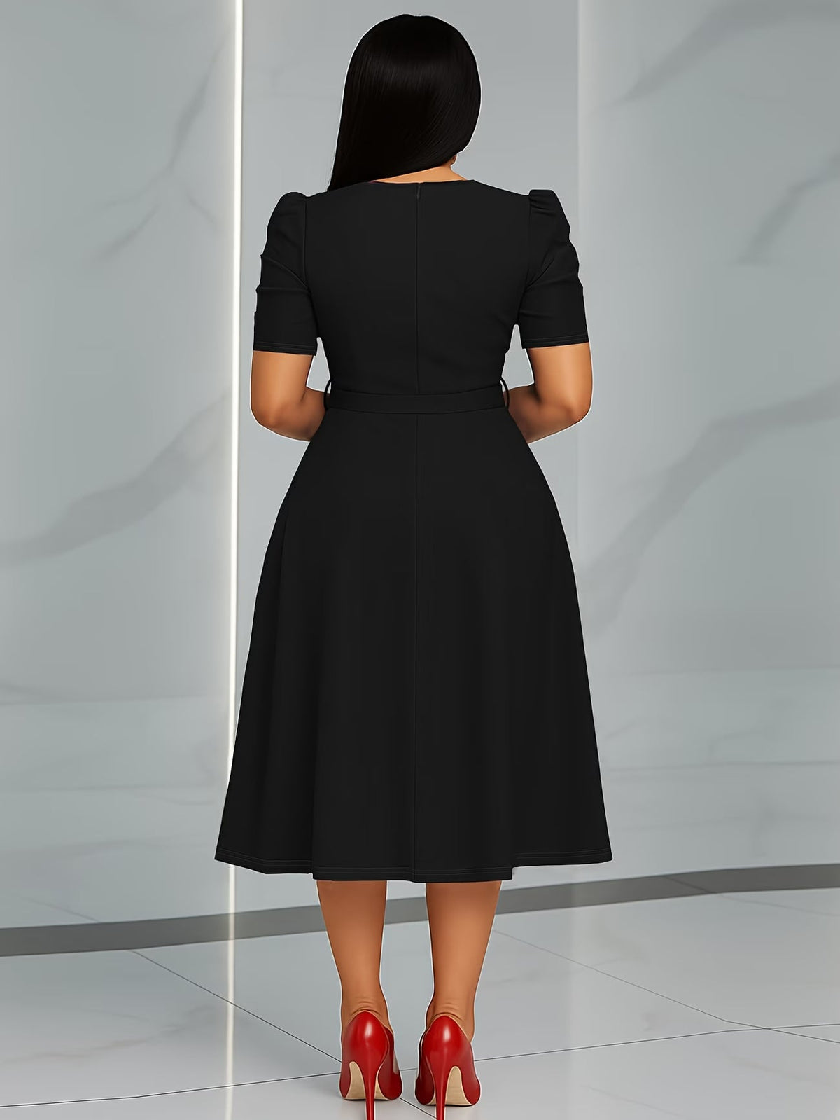 Women's Elegant V-Neck Ruffle Midi Dress with Waist Belt