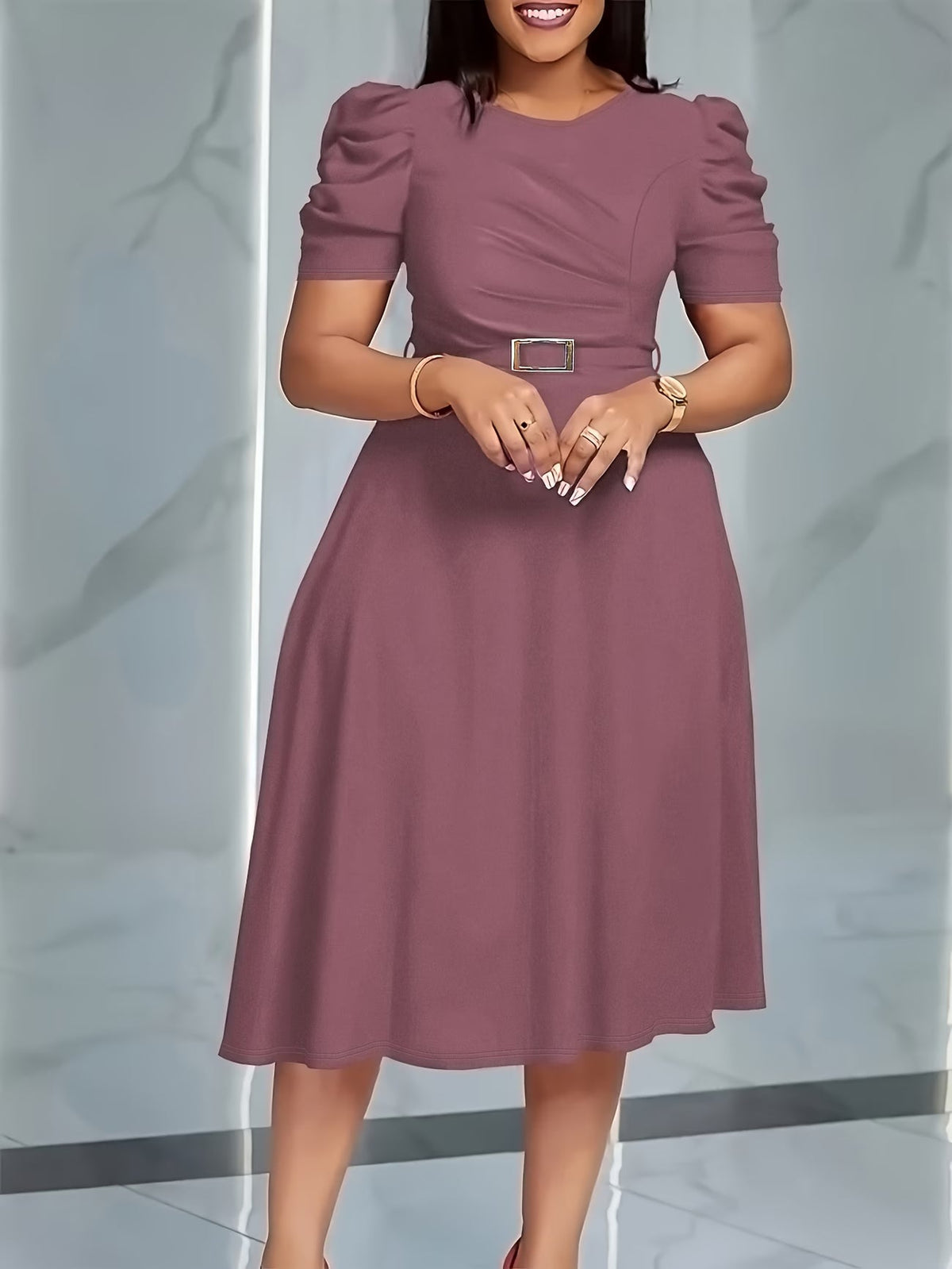 Women's Elegant V-Neck Ruffle Midi Dress with Waist Belt