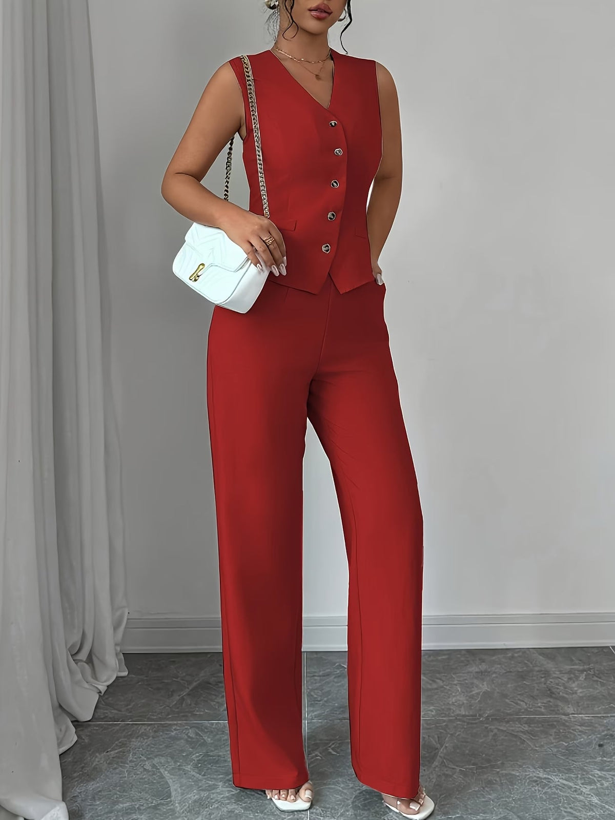 Women's Sleeveless Waist-Cinched Vest & Wide-Leg Pants Two-Piece Set