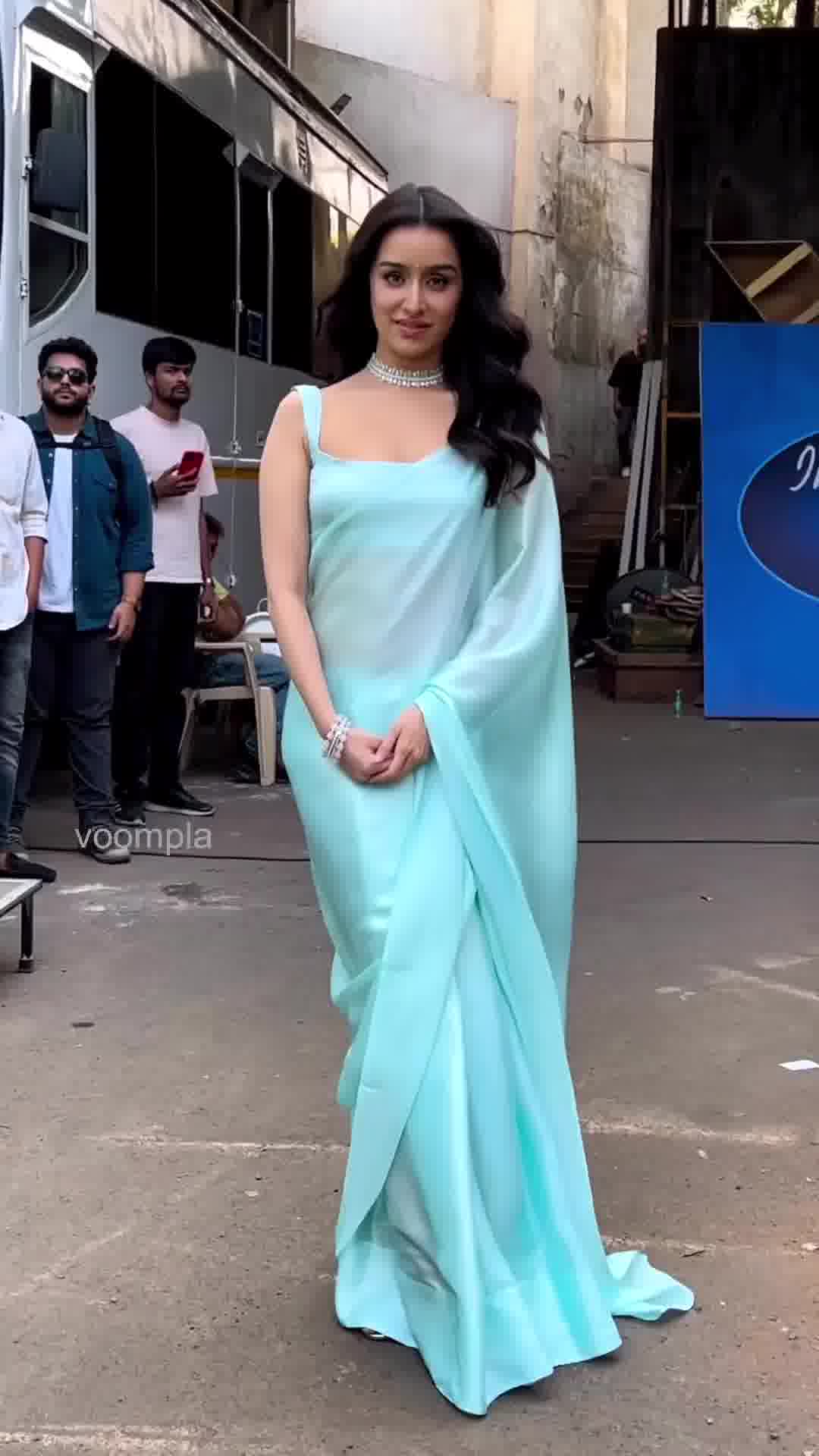 Sky color Fluffy Satin Saree with same tone silk blouse for women