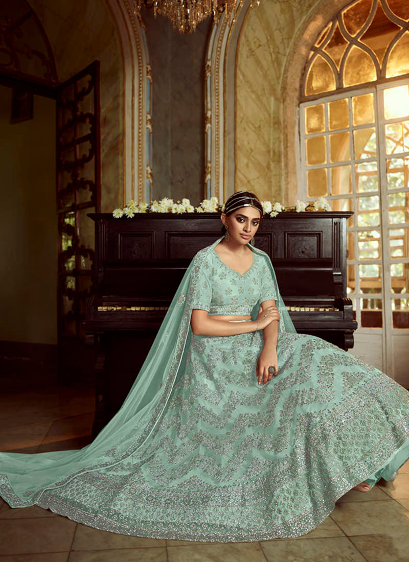 impressive Sky Blue Zarkan Dori Soft Net Lehenga Choli Set