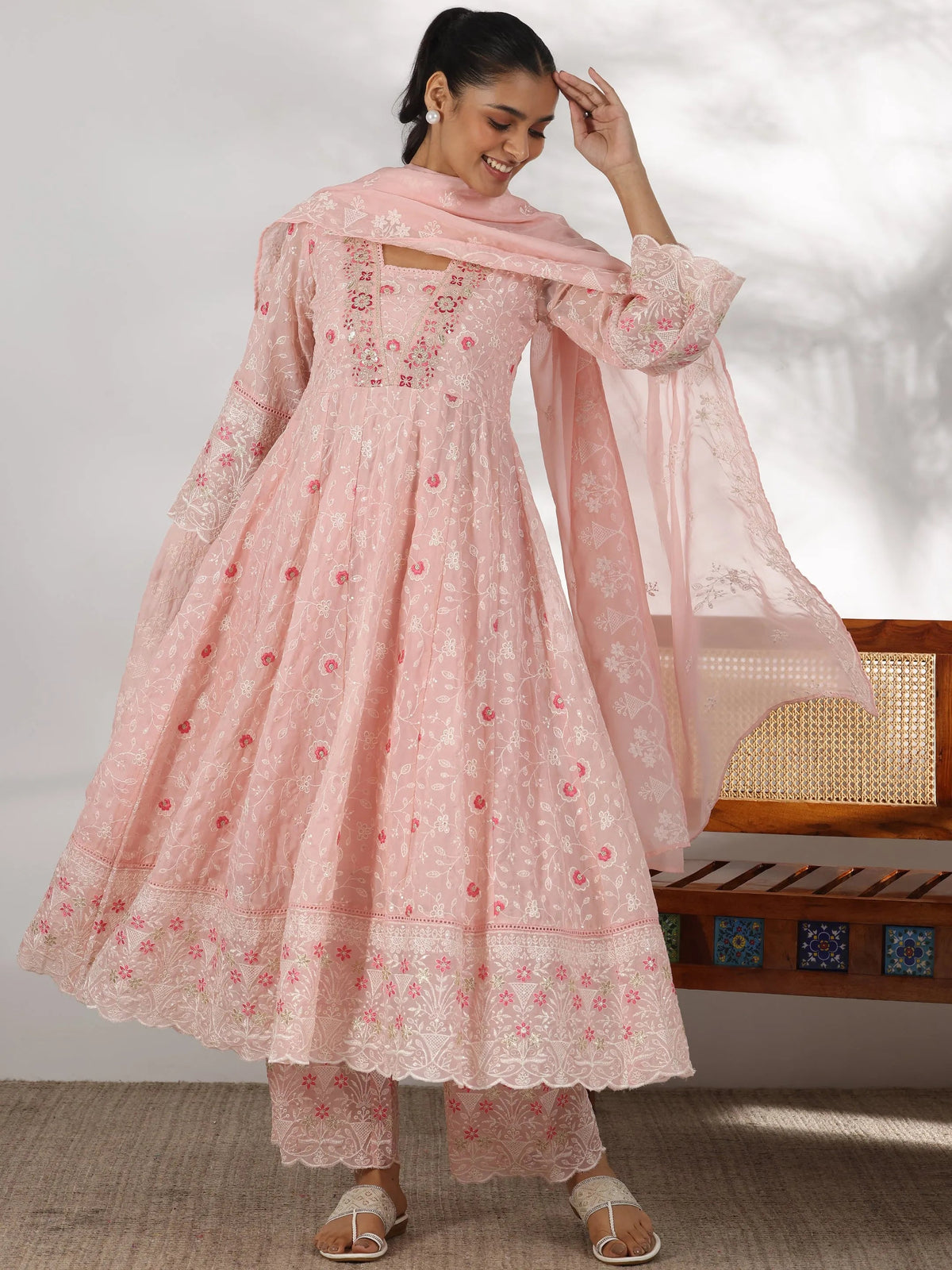 Anouk Pink Embroidered Organza Anarkali Suit With Dupatta