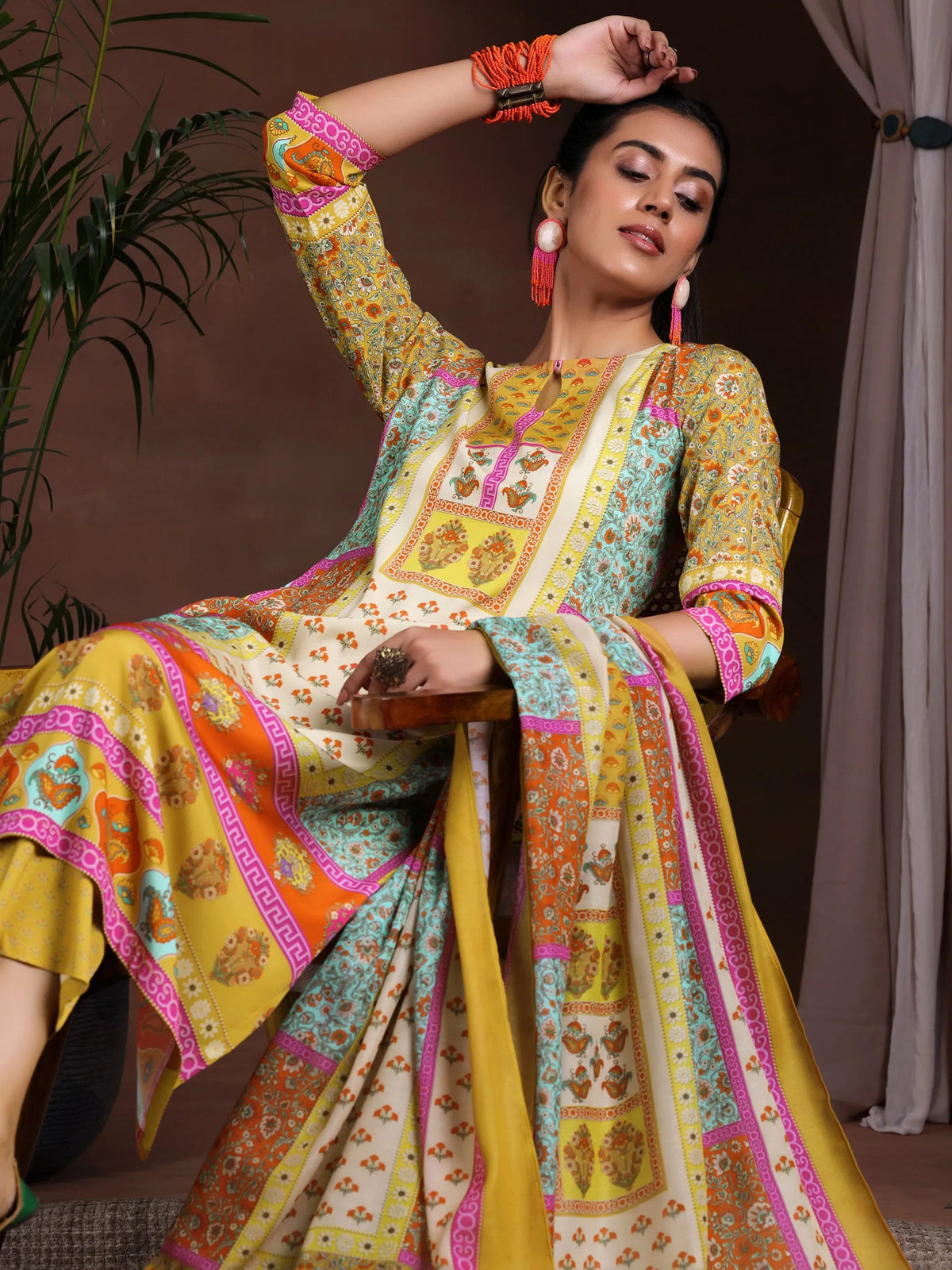 Anouk Mustard Printed Poly Crepe Straight Suit With Dupatta