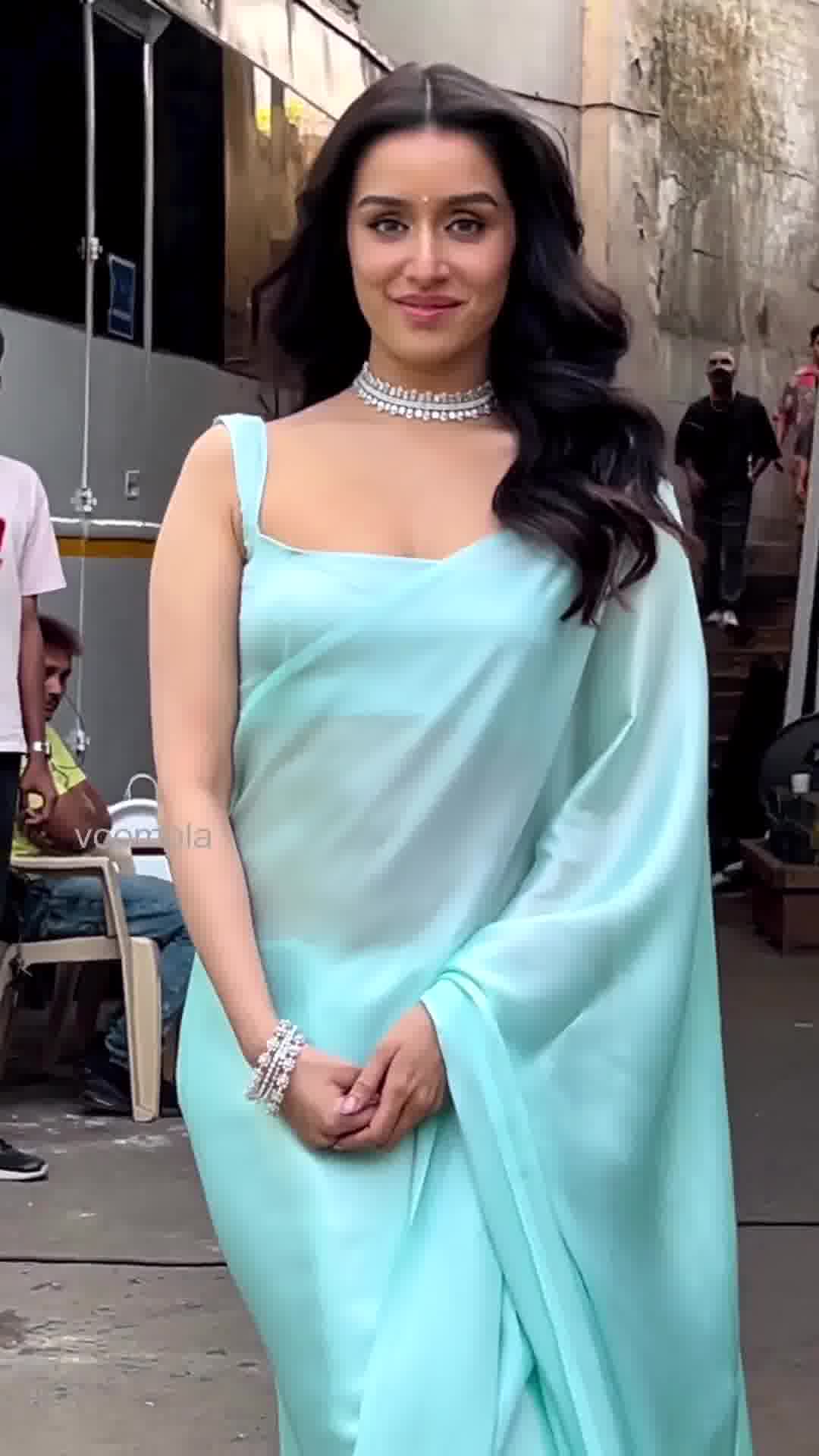 Sky color Fluffy Satin Saree with same tone silk blouse for women