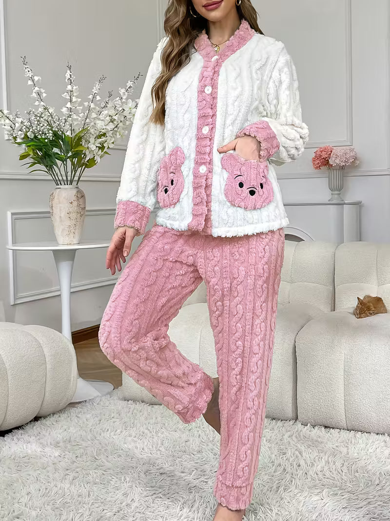 Pack Of 2 Women’s Winter Loungewear Set – Bear Embroidery, Soft And Comfortable