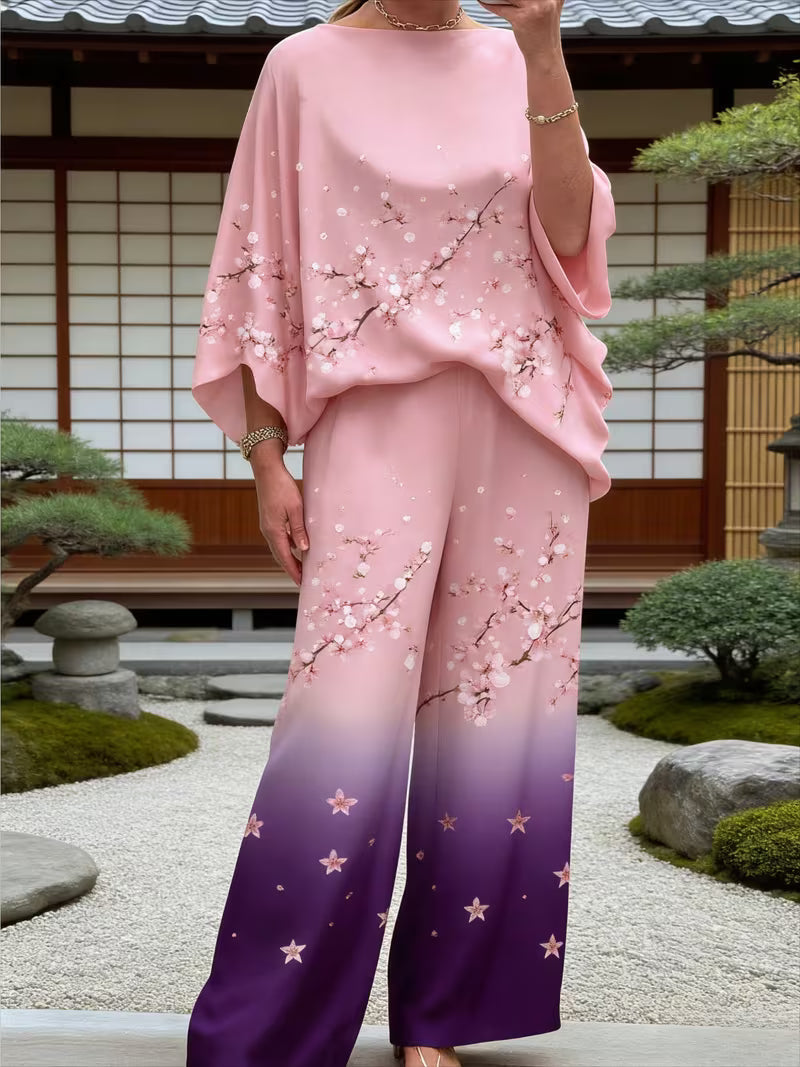 Plus Size Off-Shoulder Batwing Sleeve Printed 2-Piece Set