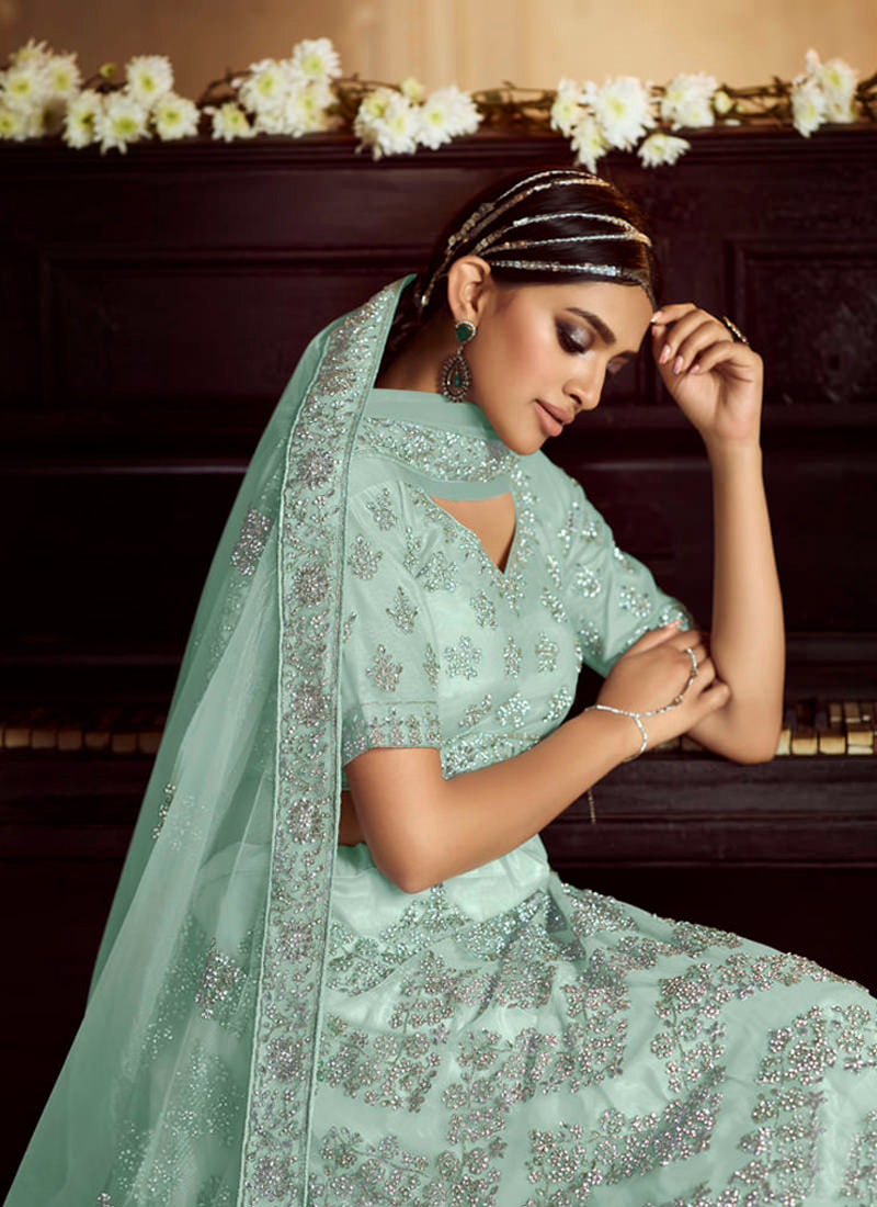 impressive Sky Blue Zarkan Dori Soft Net Lehenga Choli Set