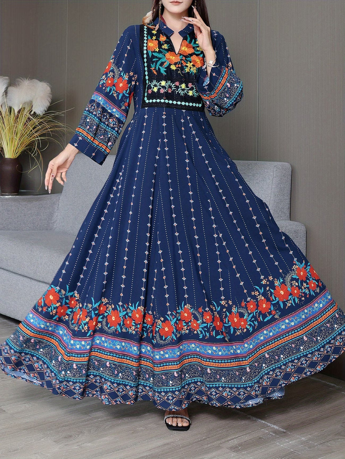 Women's Bohemian Ethnic Print Maxi Dress with Flowing Hem