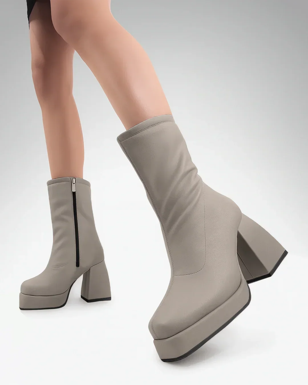 Mid Calf Slip-on Platform Ankle Cream Boots