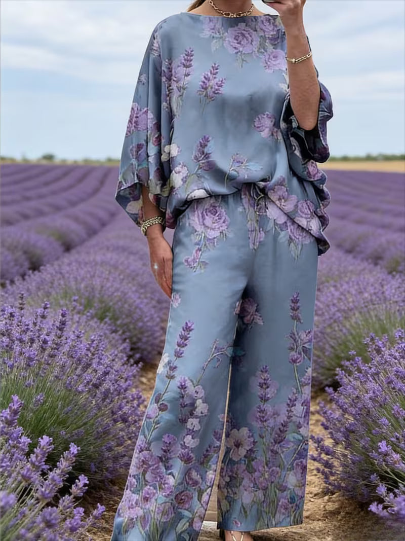 Plus Size Off-Shoulder Batwing Sleeve Printed 2-Piece Set