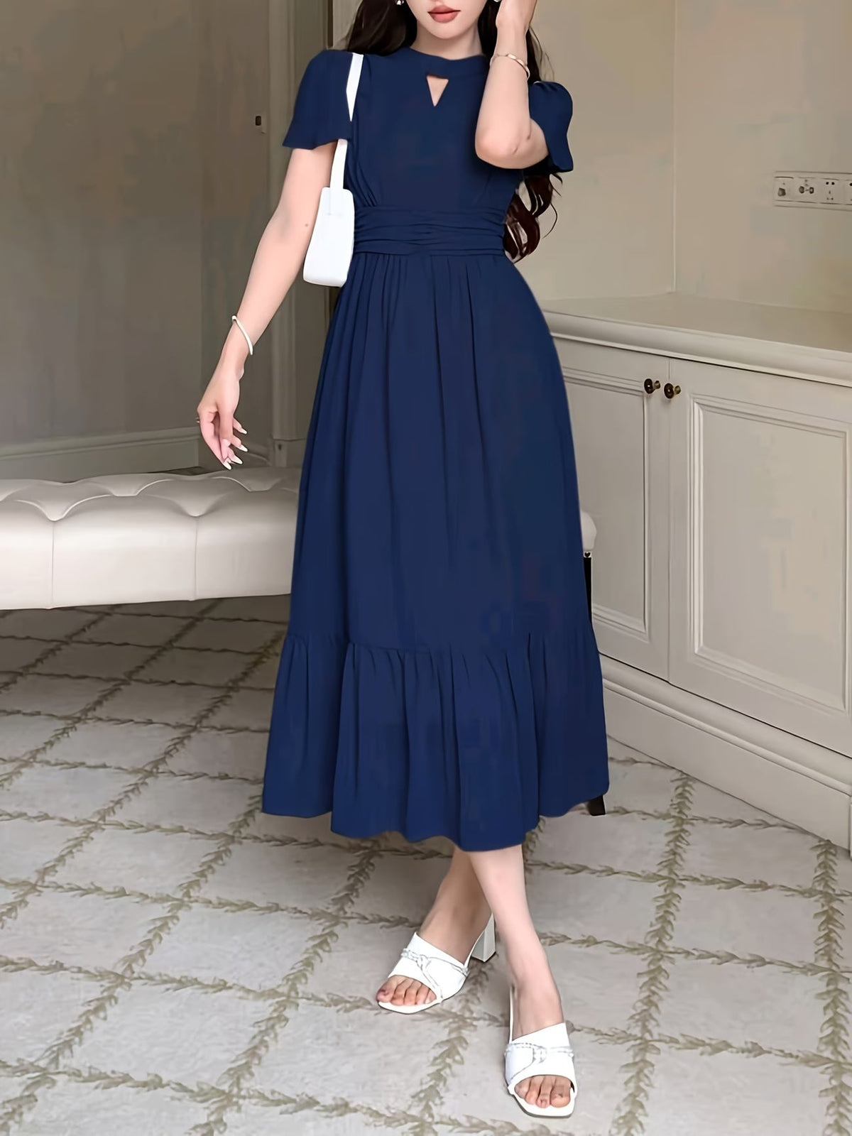 Women's Elegant Pleated Waist Ruffle Hem Maxi Dress