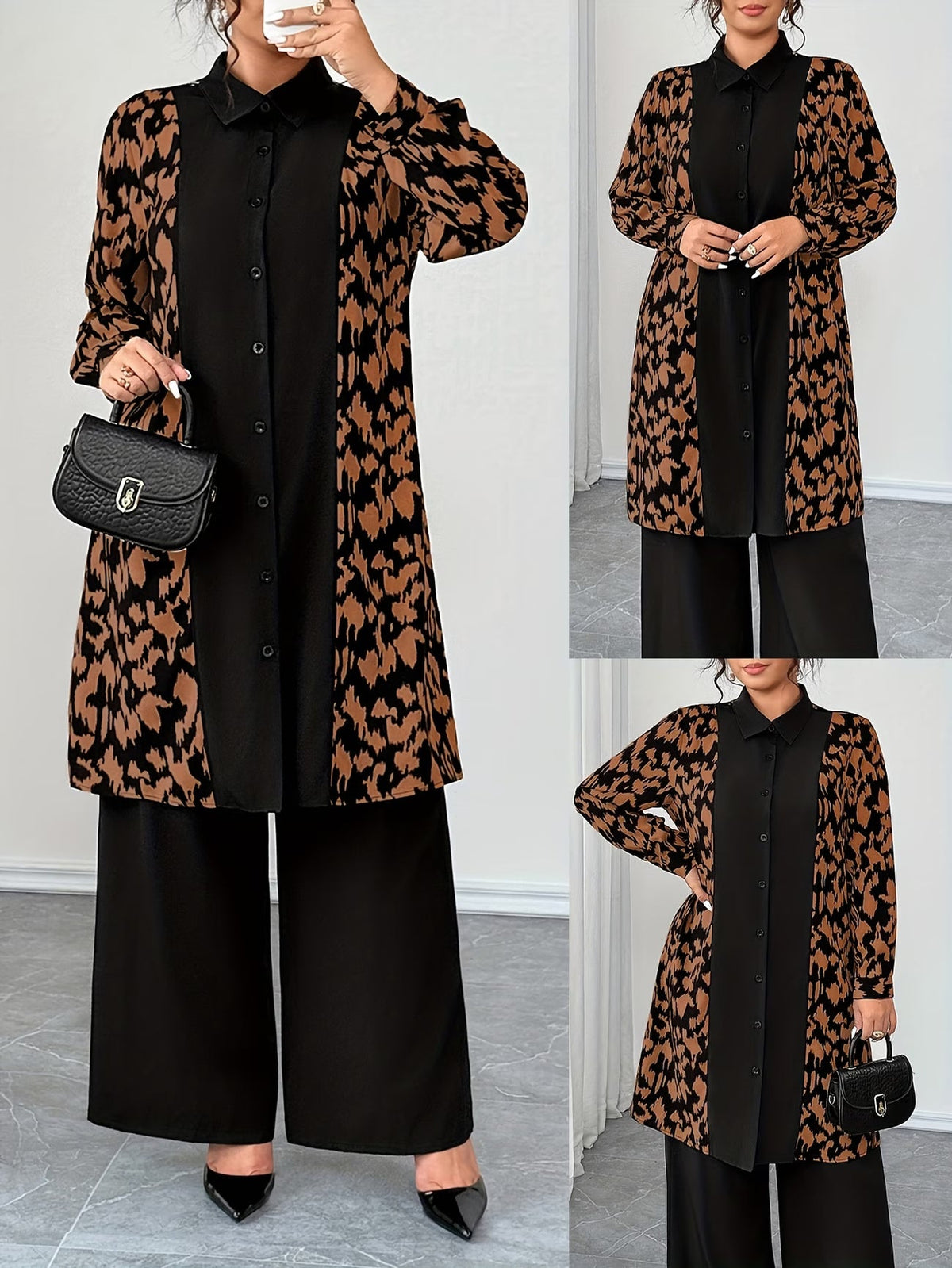 Women's Elegant Patchwork Cardigan, Mid-Length Shirt & Straight-Leg Trousers Set