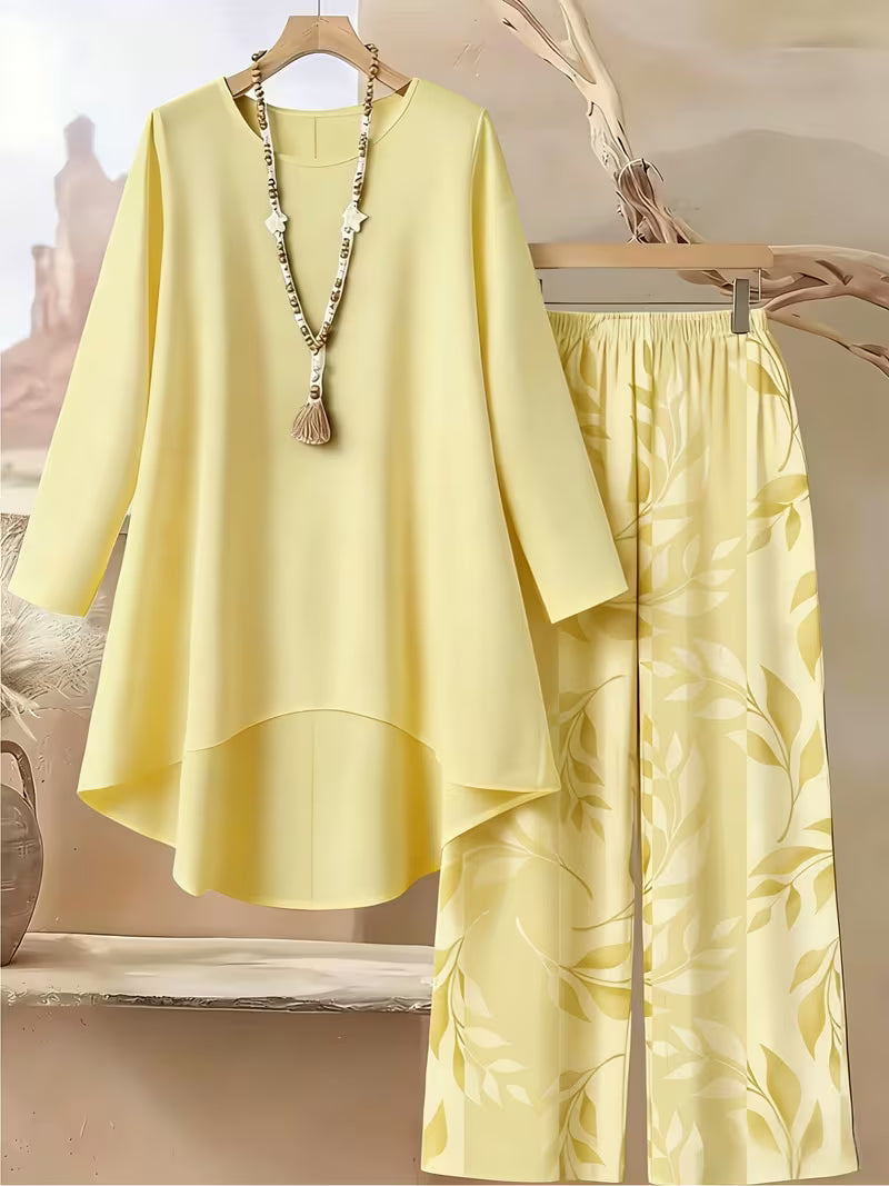 Elegant Leaf Print High-Low Co-Ord Set