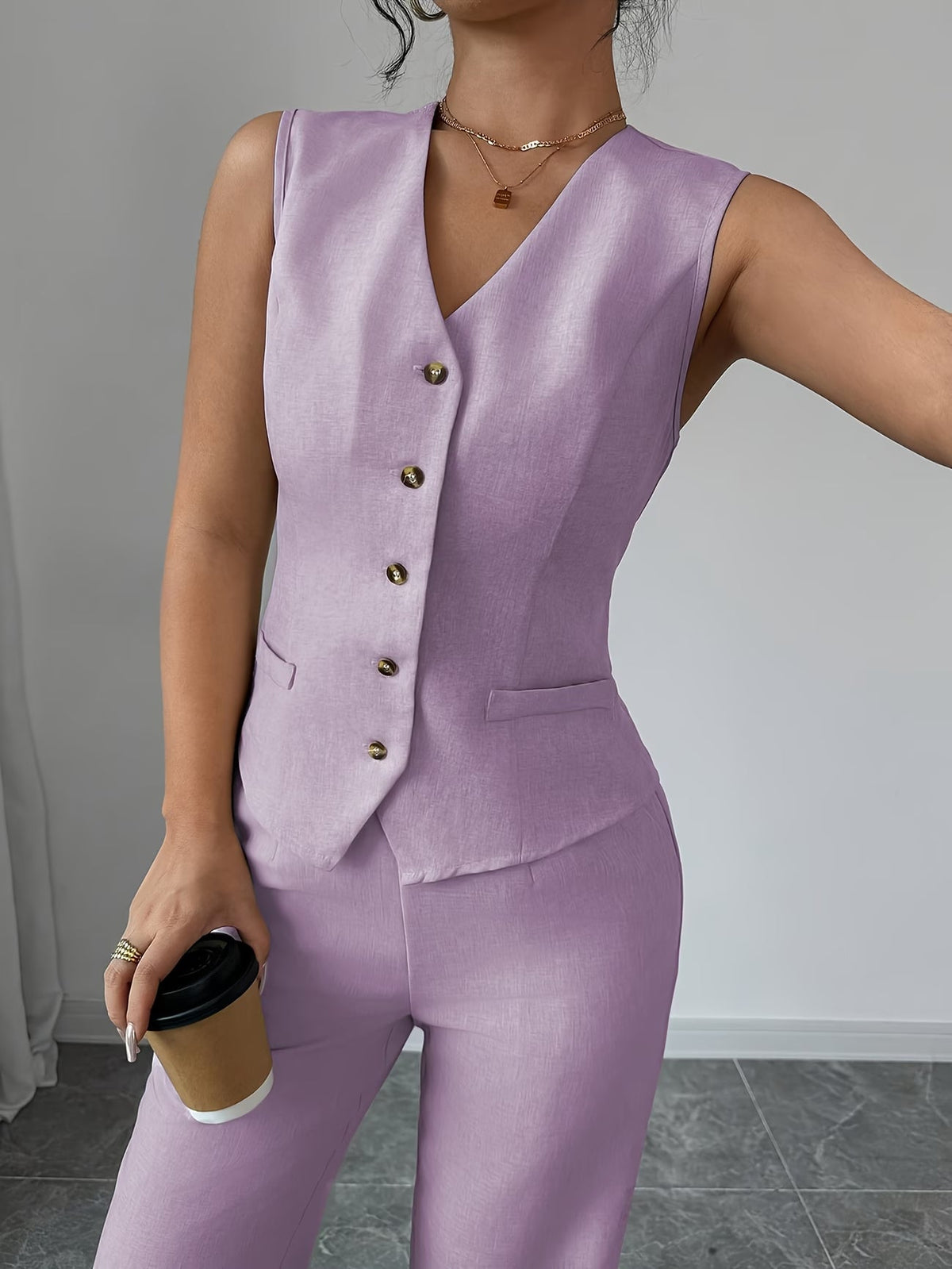 Women's Sleeveless Waist-Cinched Vest & Wide-Leg Pants Two-Piece Set