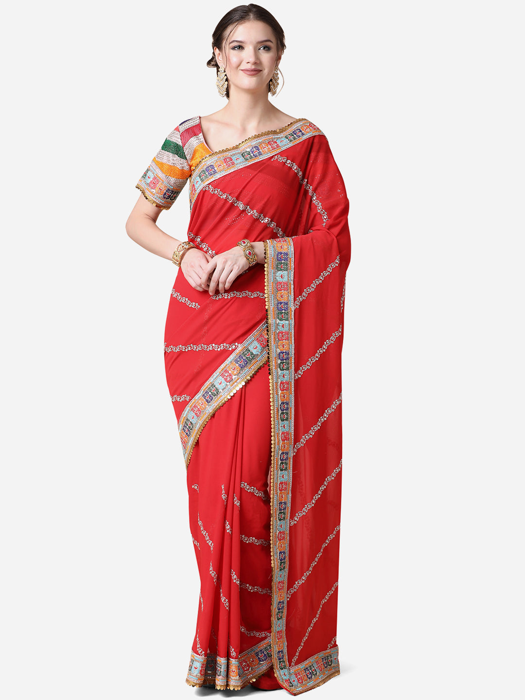 Red Ethnic Gotta Patti Georgette Saree with Blouse