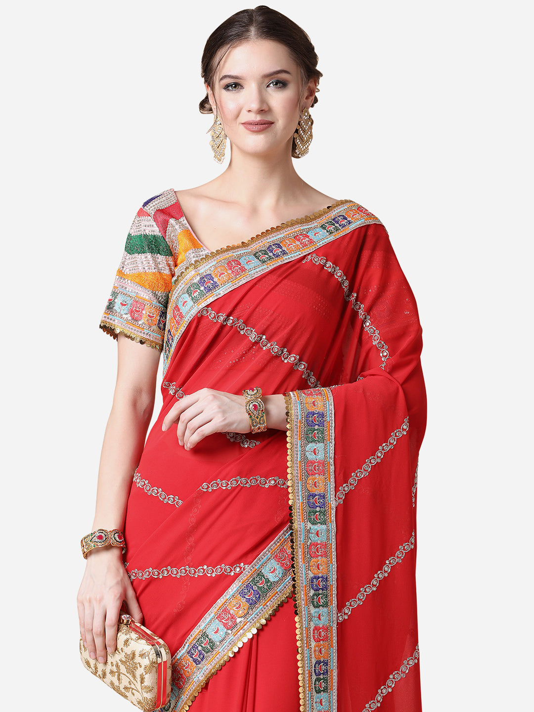 Red Ethnic Gotta Patti Georgette Saree with Blouse