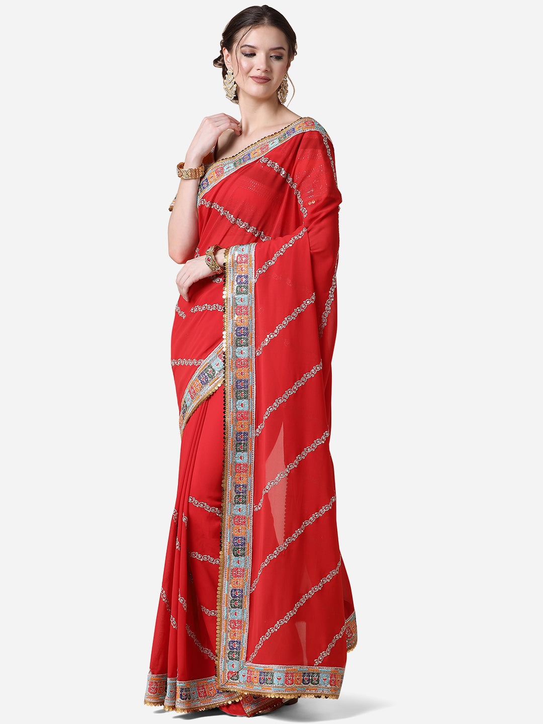 Red Ethnic Gotta Patti Georgette Saree with Blouse