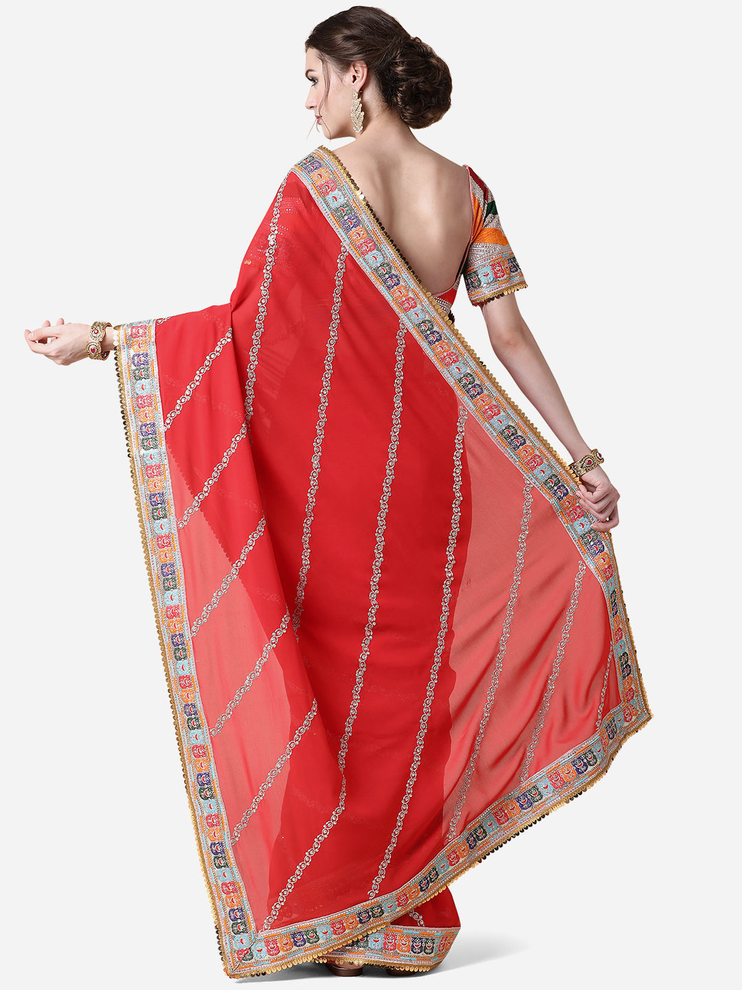 Red Ethnic Gotta Patti Georgette Saree with Blouse