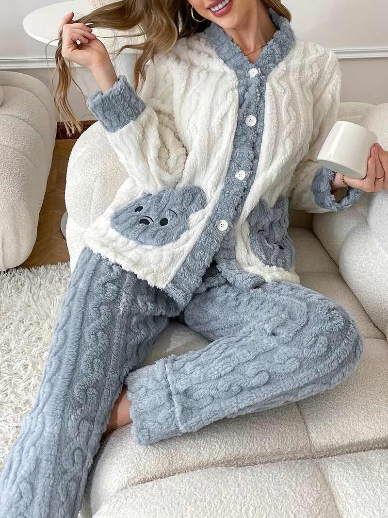 Pack Of 2 Women’s Winter Loungewear Set – Bear Embroidery, Soft And Comfortable