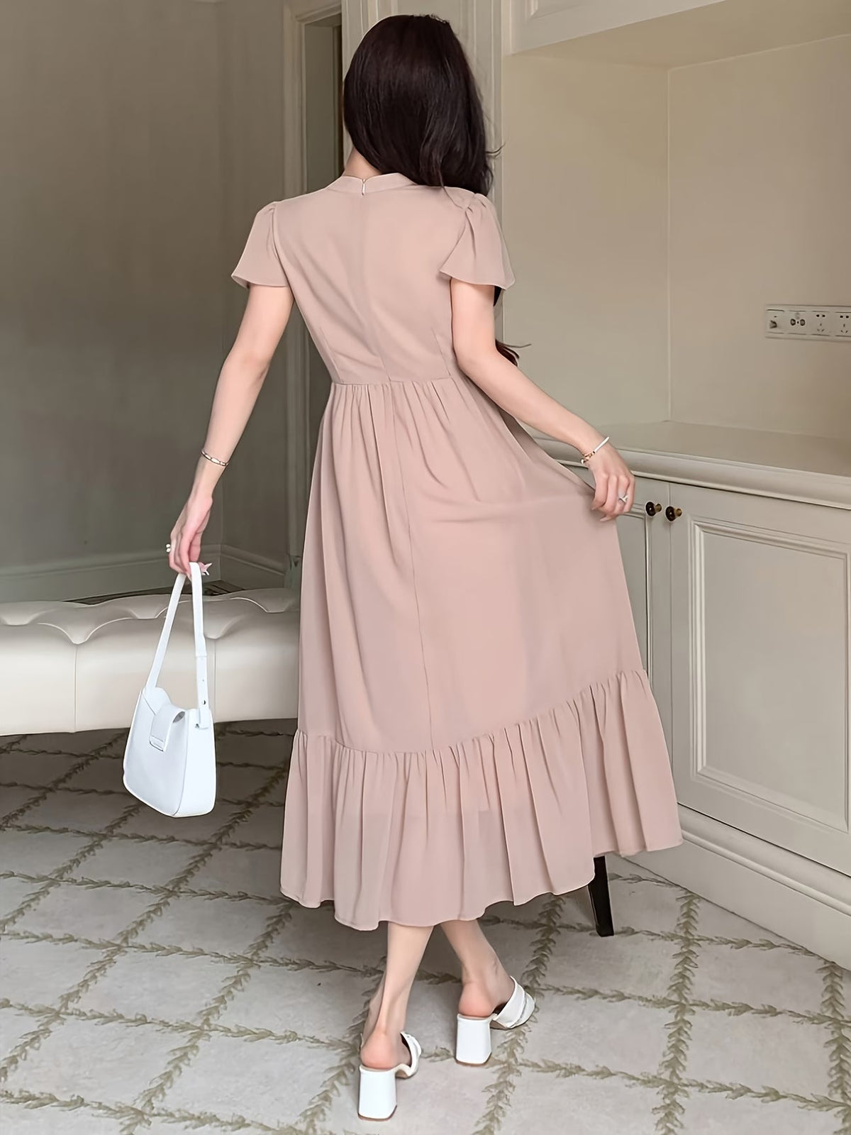 Women's Elegant Pleated Waist Ruffle Hem Maxi Dress