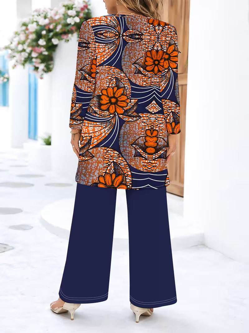 Women’s Long-Sleeve Floral Suit – Light Red Flowers on Gray, Casual & Vacation Wear