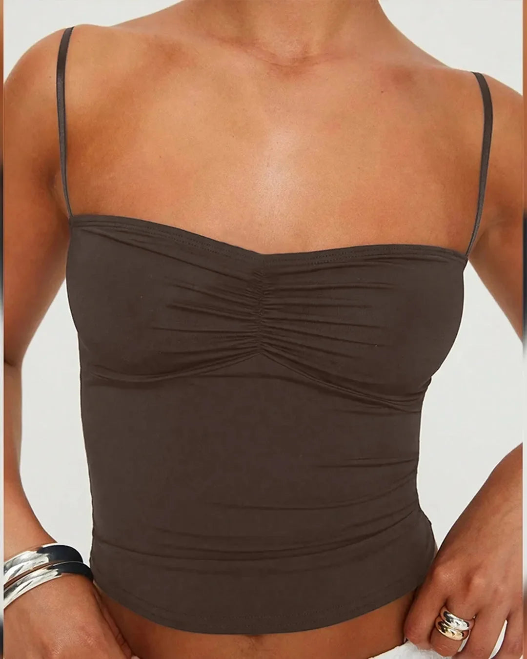 Solid Color Ruched Slim Fit Cami Top In Coca