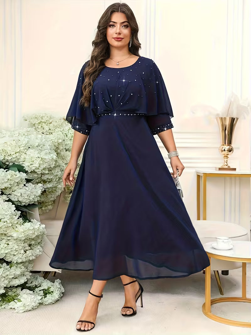 Plus Size Women’s Elegant Rhinestone Collar Dress