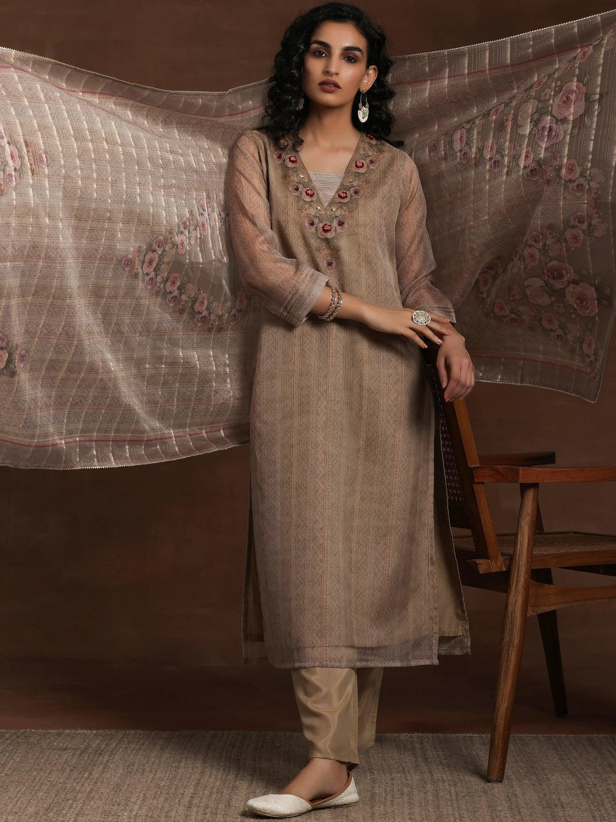 Anouk Tan Printed Organza Straight Suit With Dupatta