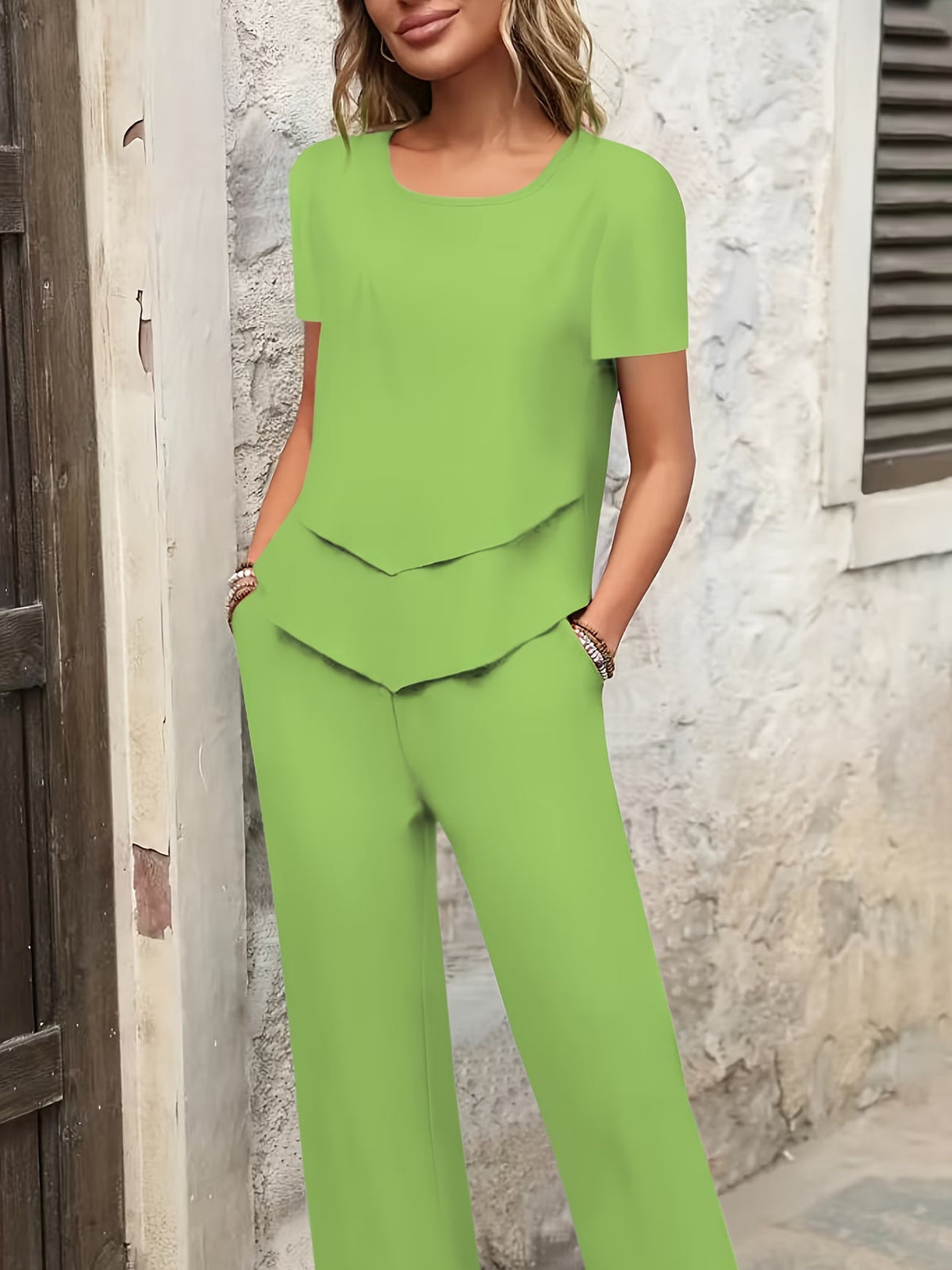 Women Summer Casual T-Shirt & Straight Leg Pants 2-Piece Set