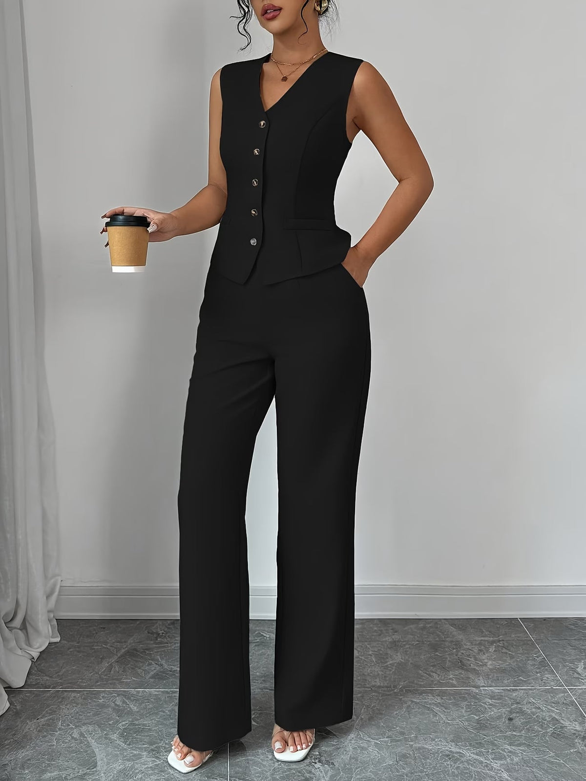 Women's Sleeveless Waist-Cinched Vest & Wide-Leg Pants Two-Piece Set