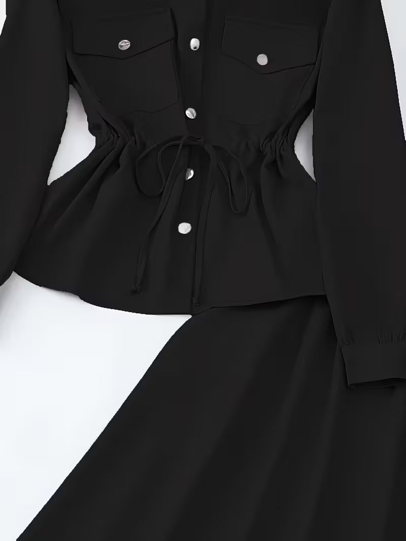 Women's Drawstring Waist Collared Top & Elastic Waist Skirt Two-Piece Set