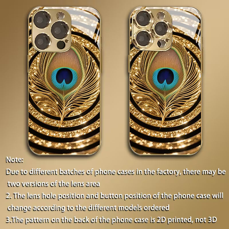 Luxury Golden Peacock Feather Glass Case for iPhone 📱✨