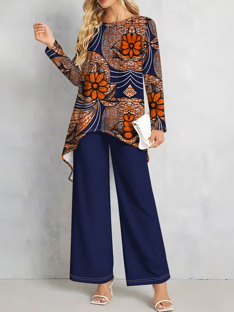 Women’s Long-Sleeve Floral Suit – Light Red Flowers on Gray, Casual & Vacation Wear