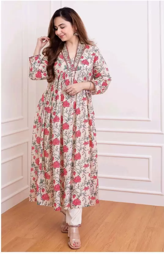 Beige Rayon Naira Cut Kurti with Sequin Embroidery and Matching Pant Set