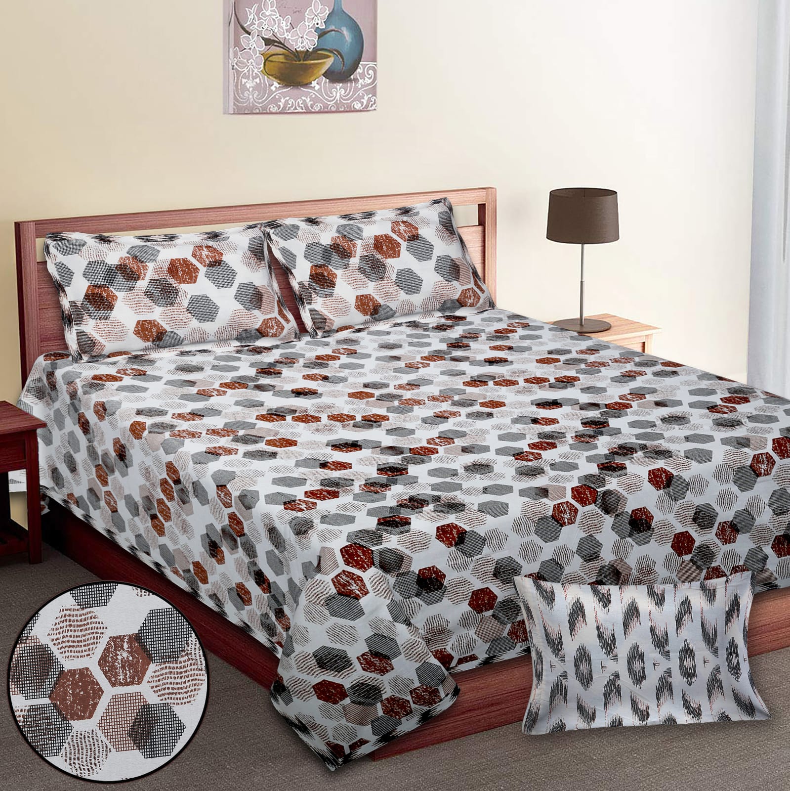 King-Size Bed Sheet Set with 2 Pillow Covers (Cotton Autoloom Fabric)