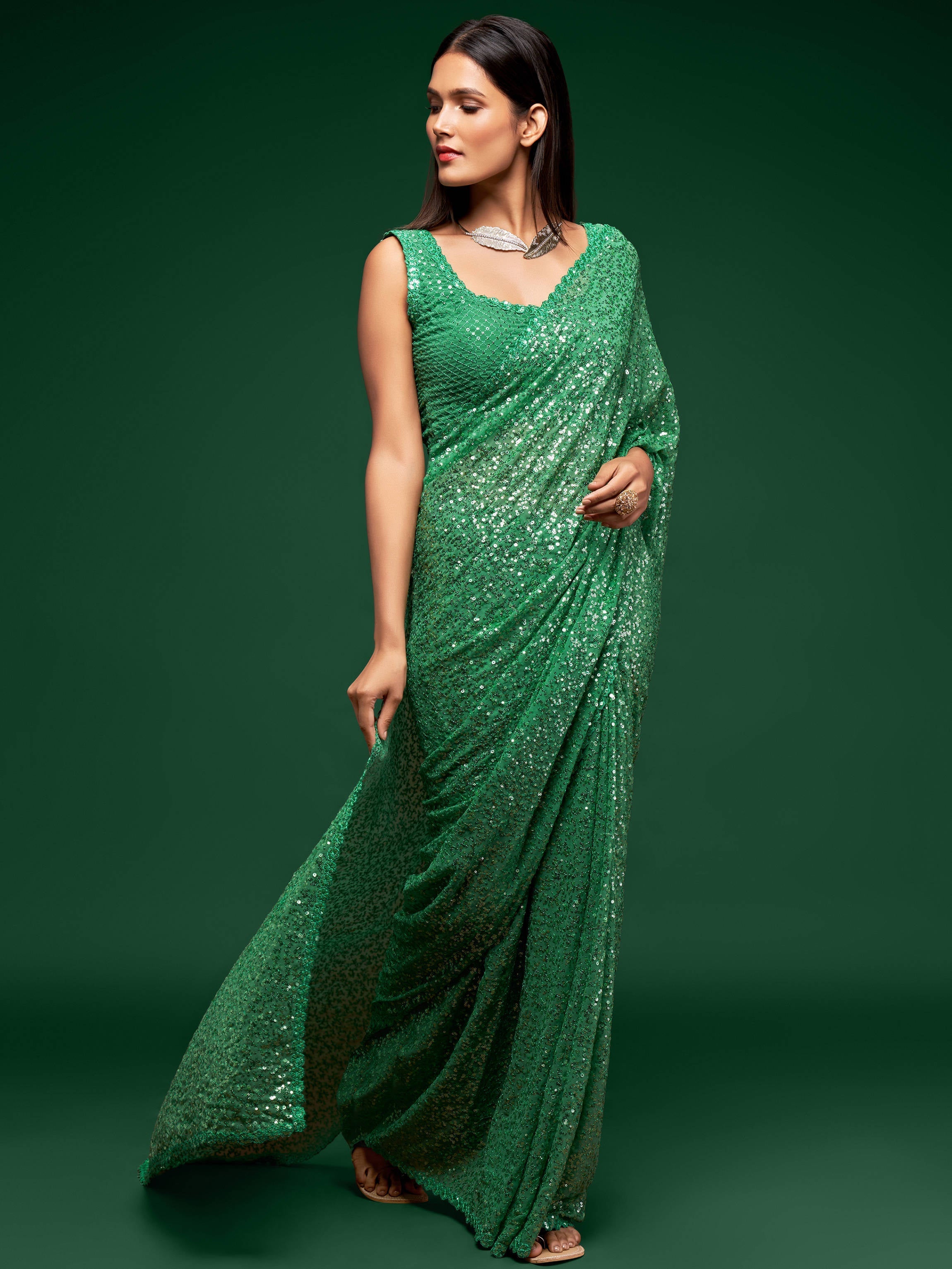 Lovely Mint Green Sequined Georgette Party Wear Saree
