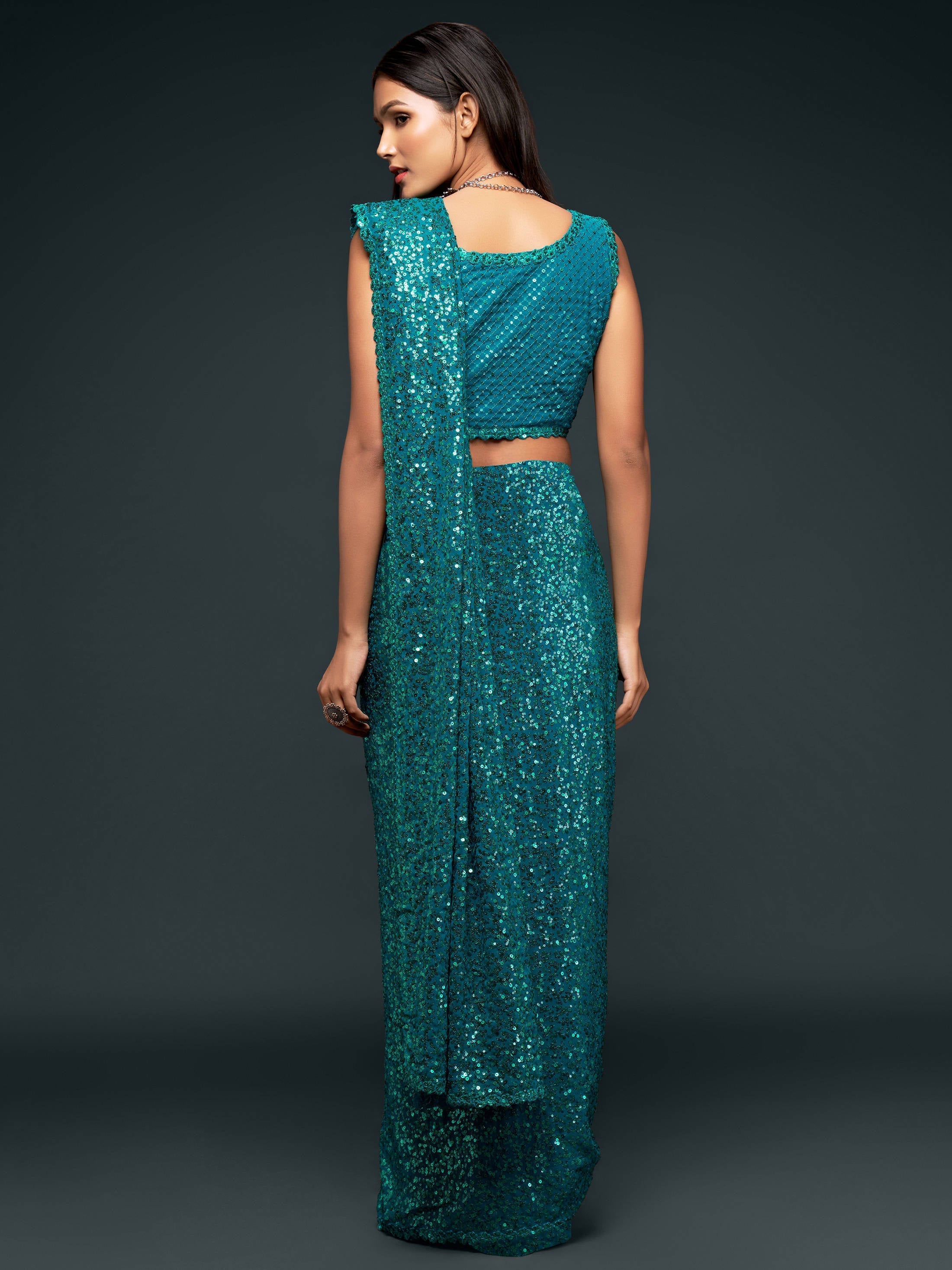 Attractive Teal  Blue Sequined Georgette Party Wear Saree