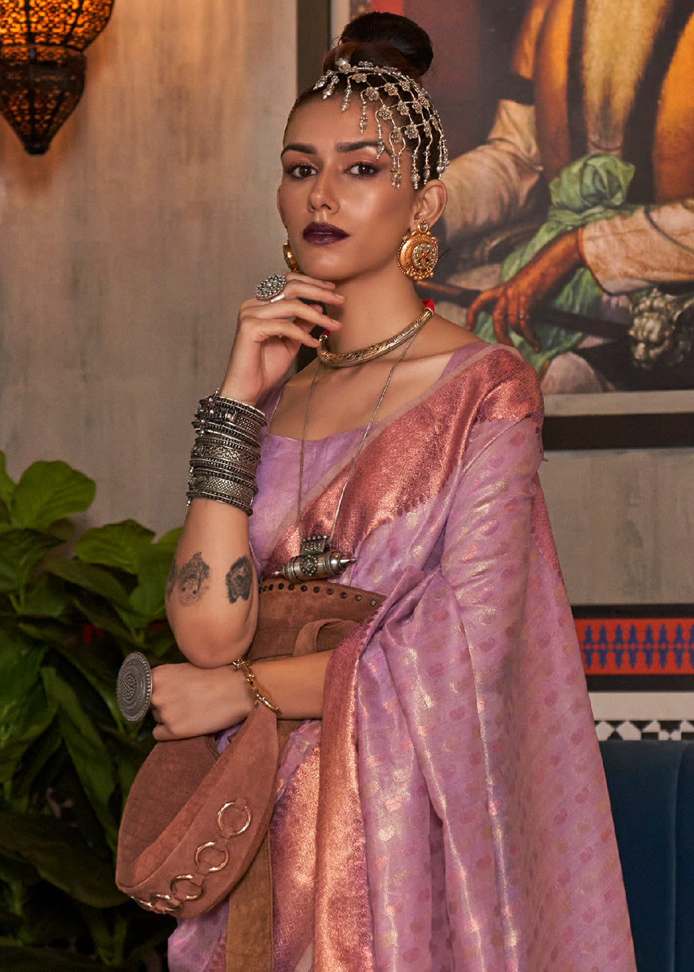 Fuchsia Pink Zari Woven Tissue Silk Saree