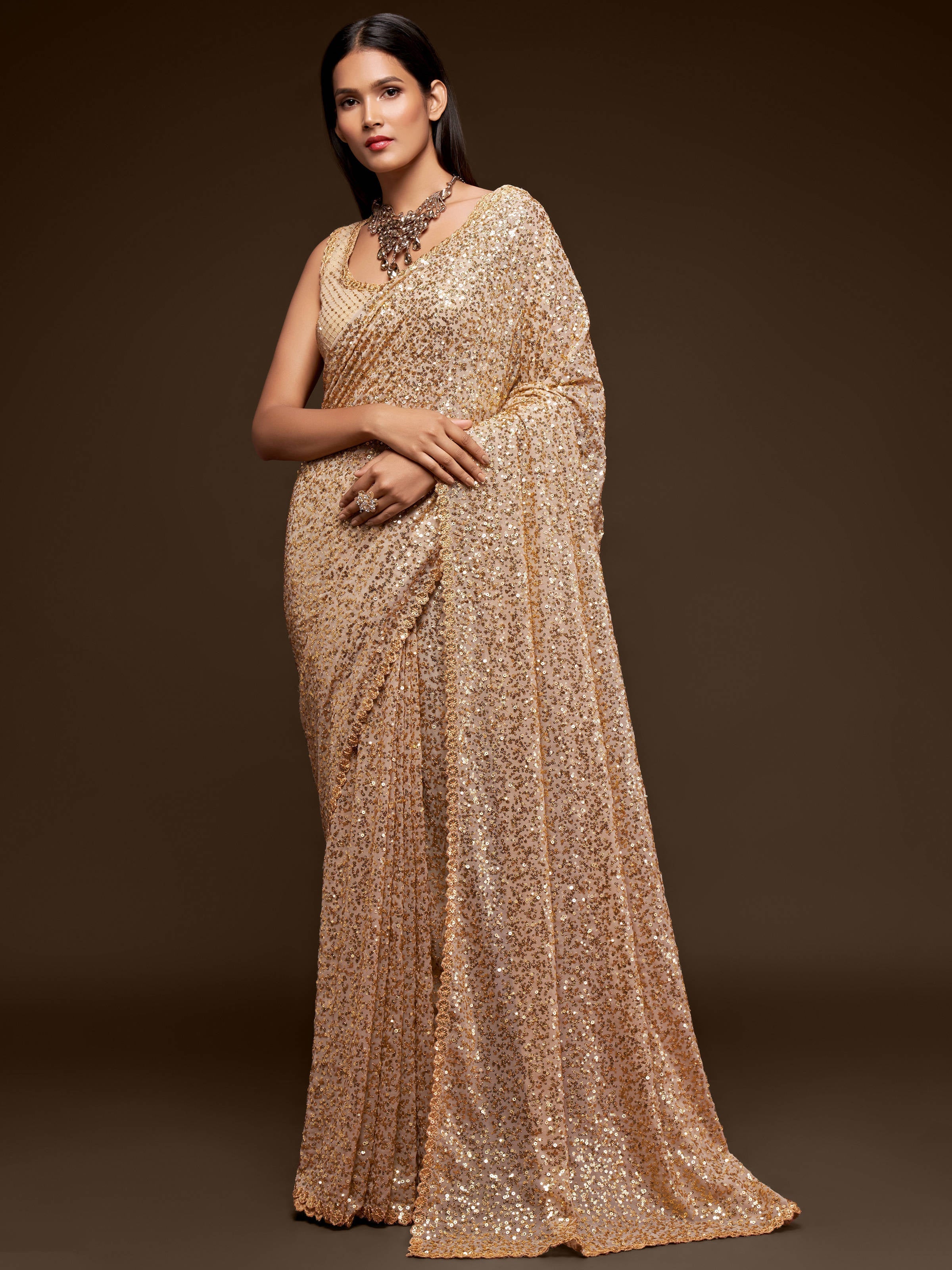 Awesome Ivory Sequined Georgette Party Wear Saree