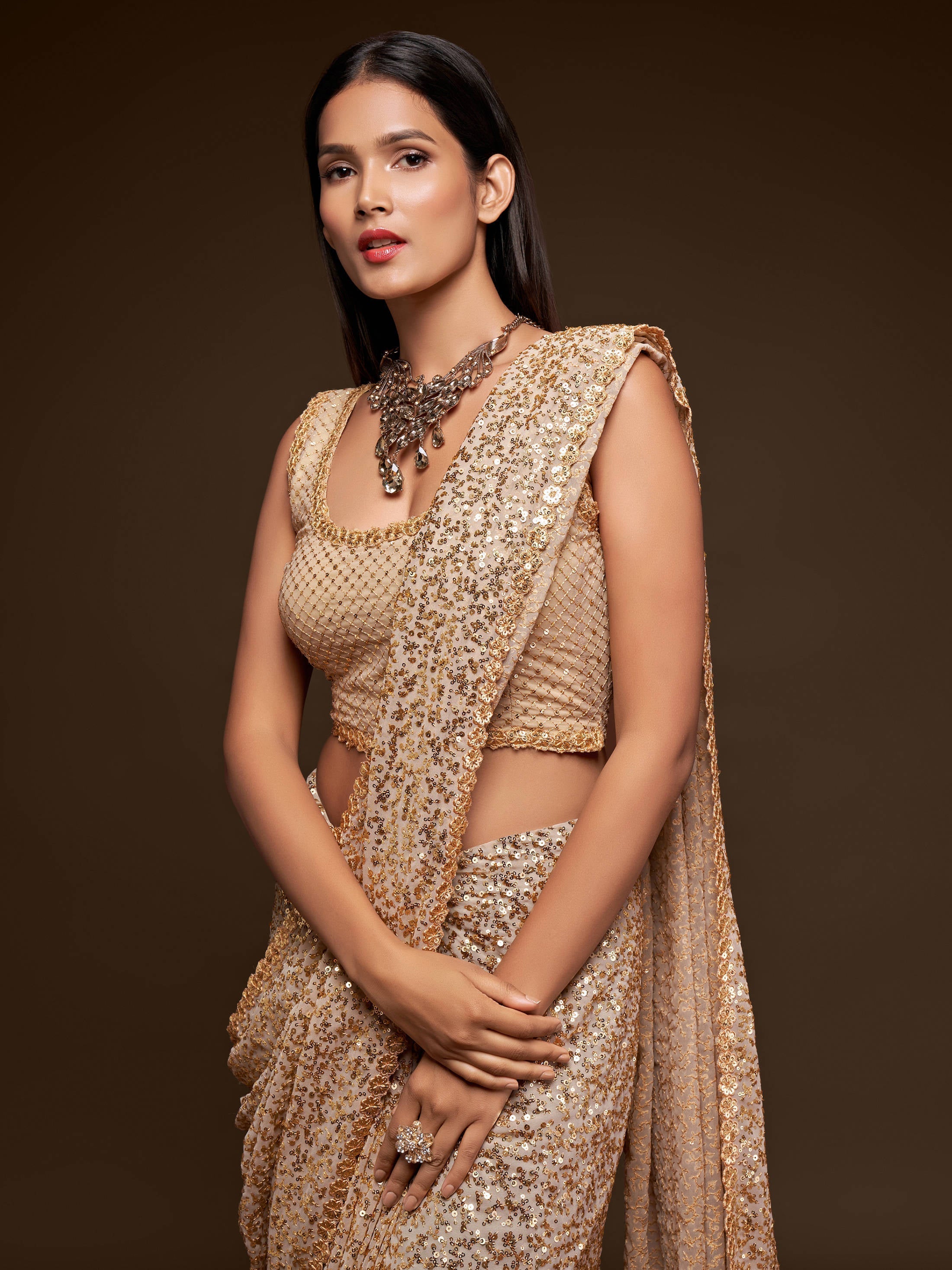 Awesome Ivory Sequined Georgette Party Wear Saree