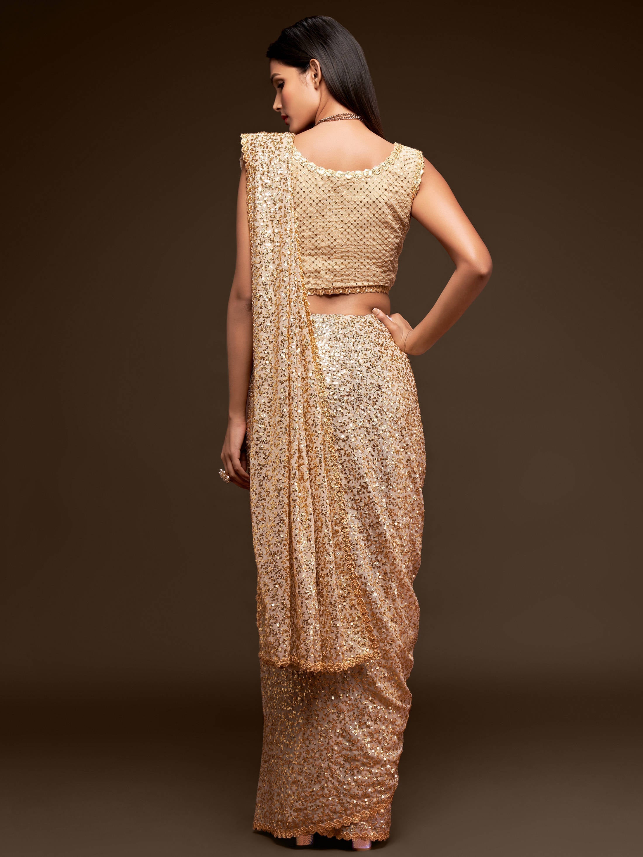 Awesome Ivory Sequined Georgette Party Wear Saree