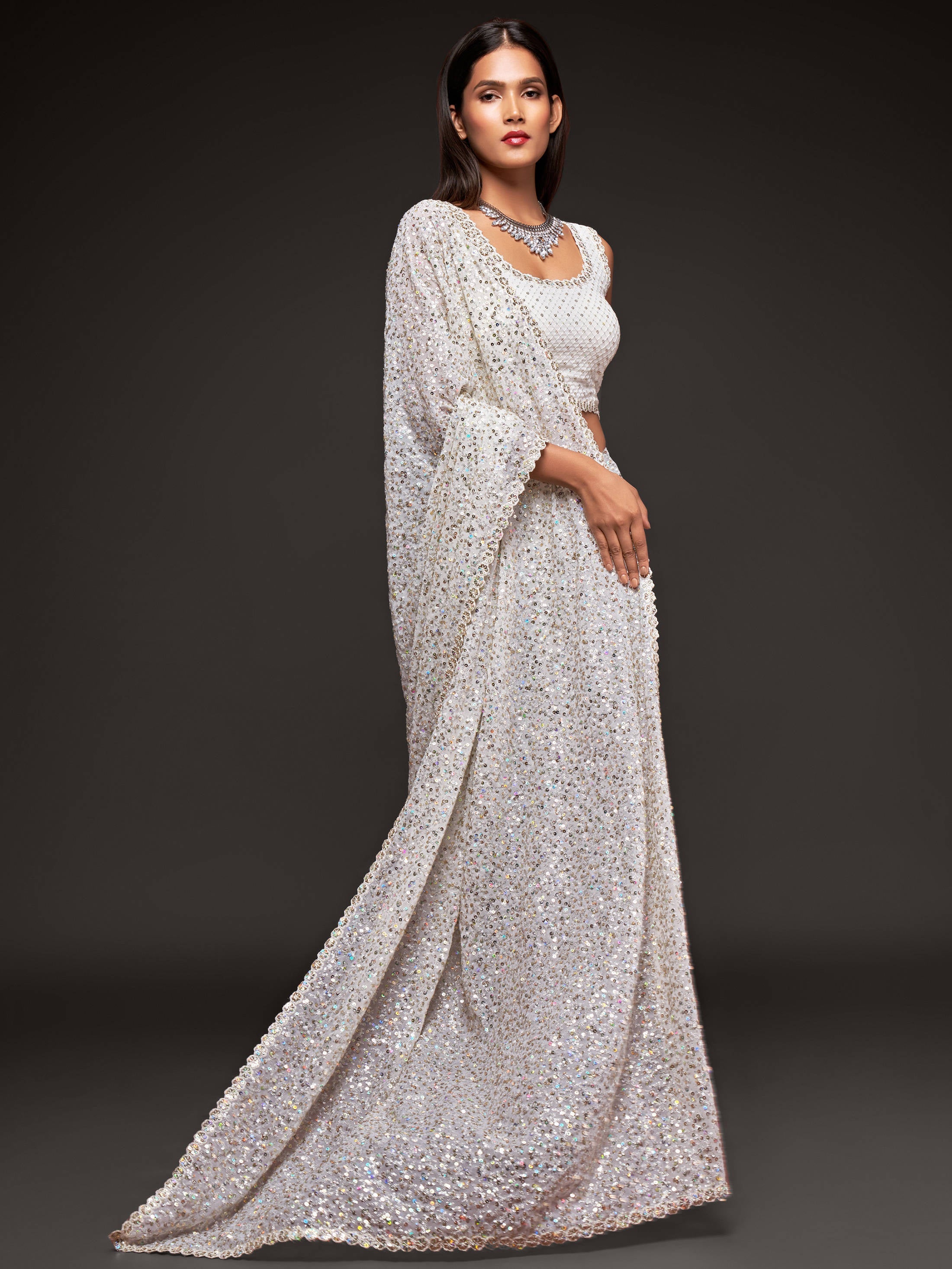 Beautiful Pearl White Sequined Georgette Party Wear Saree