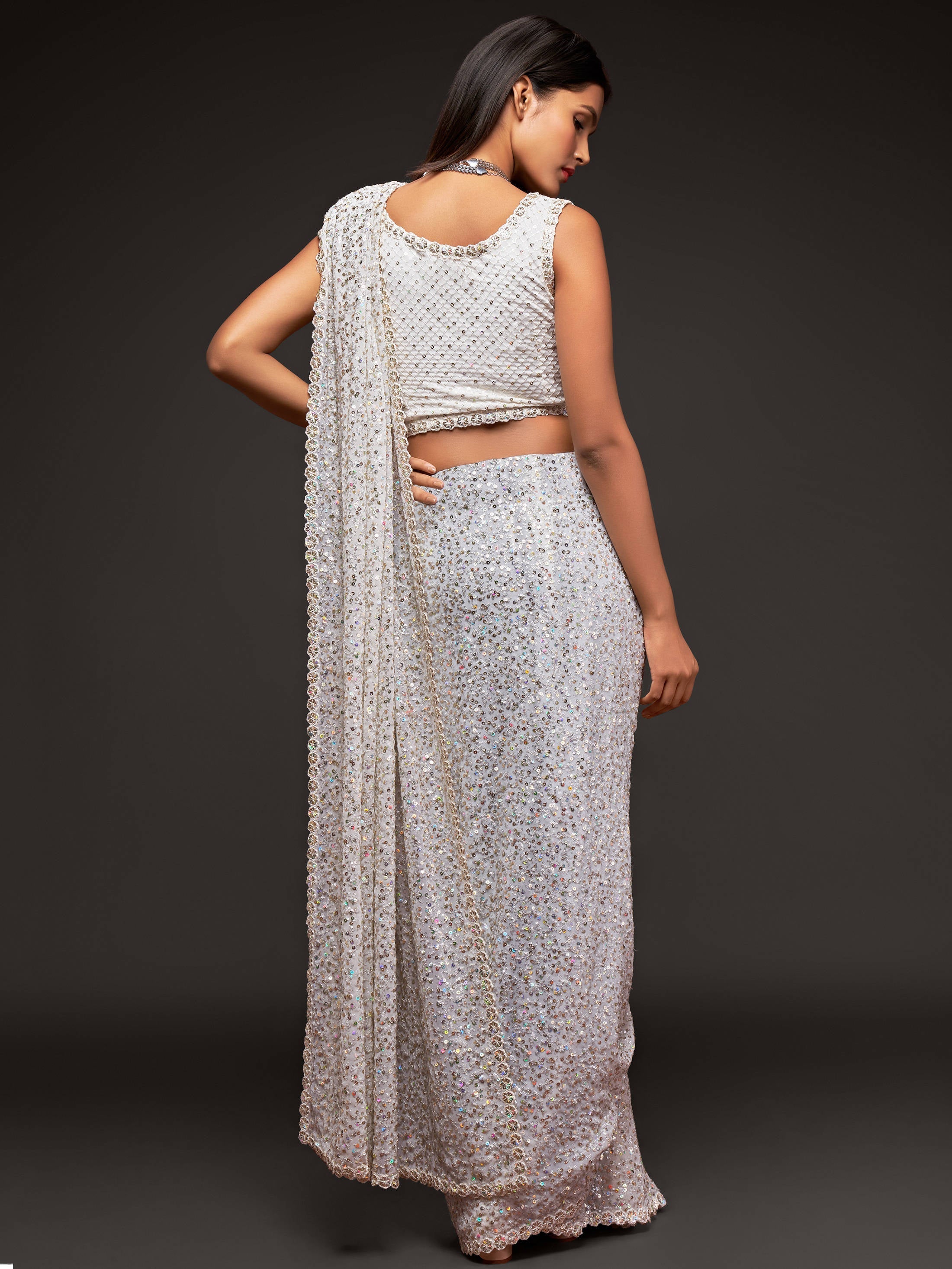 Beautiful Pearl White Sequined Georgette Party Wear Saree