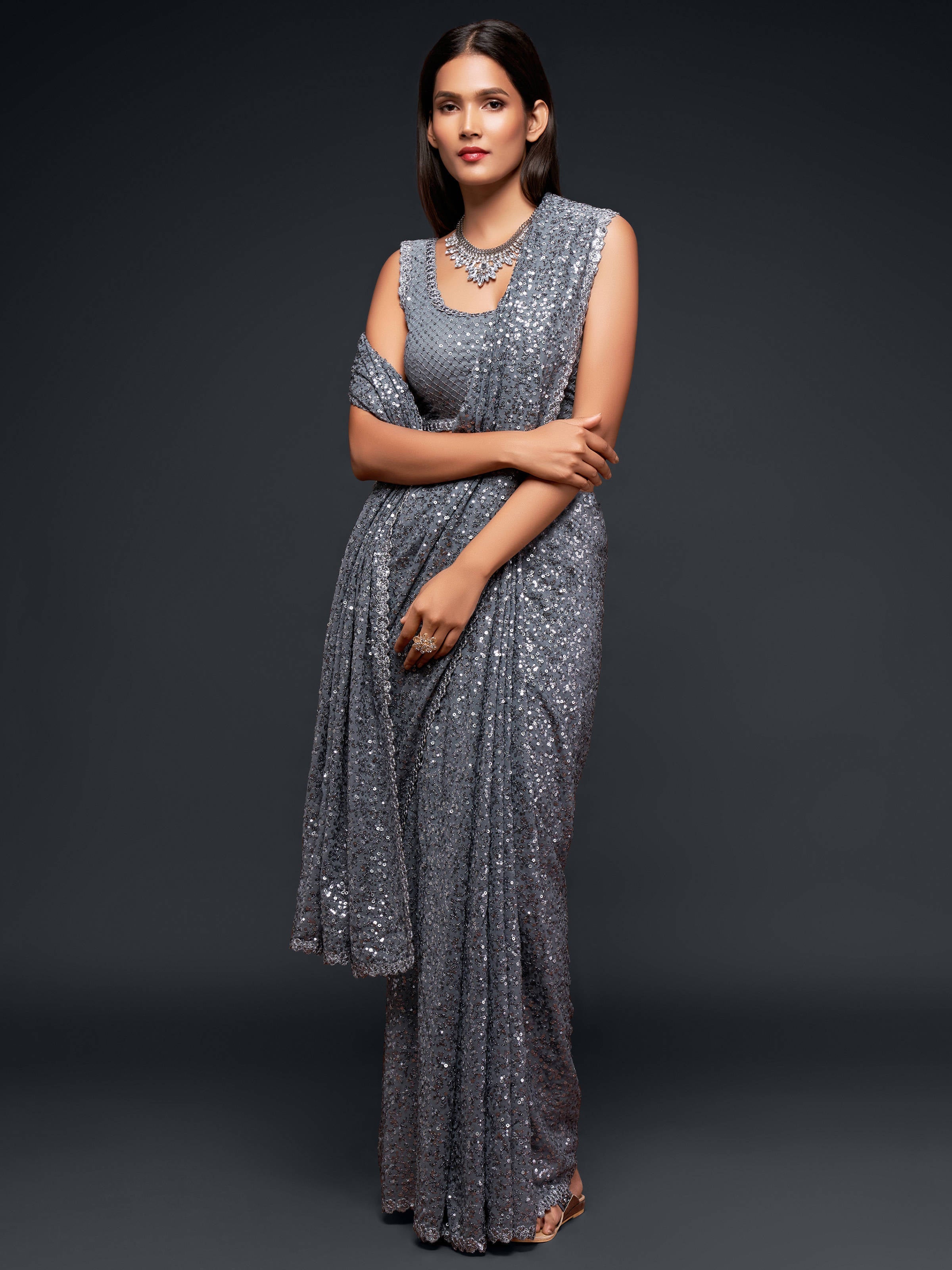 Amazing Slate Grey Sequined Georgette Party Wear Saree