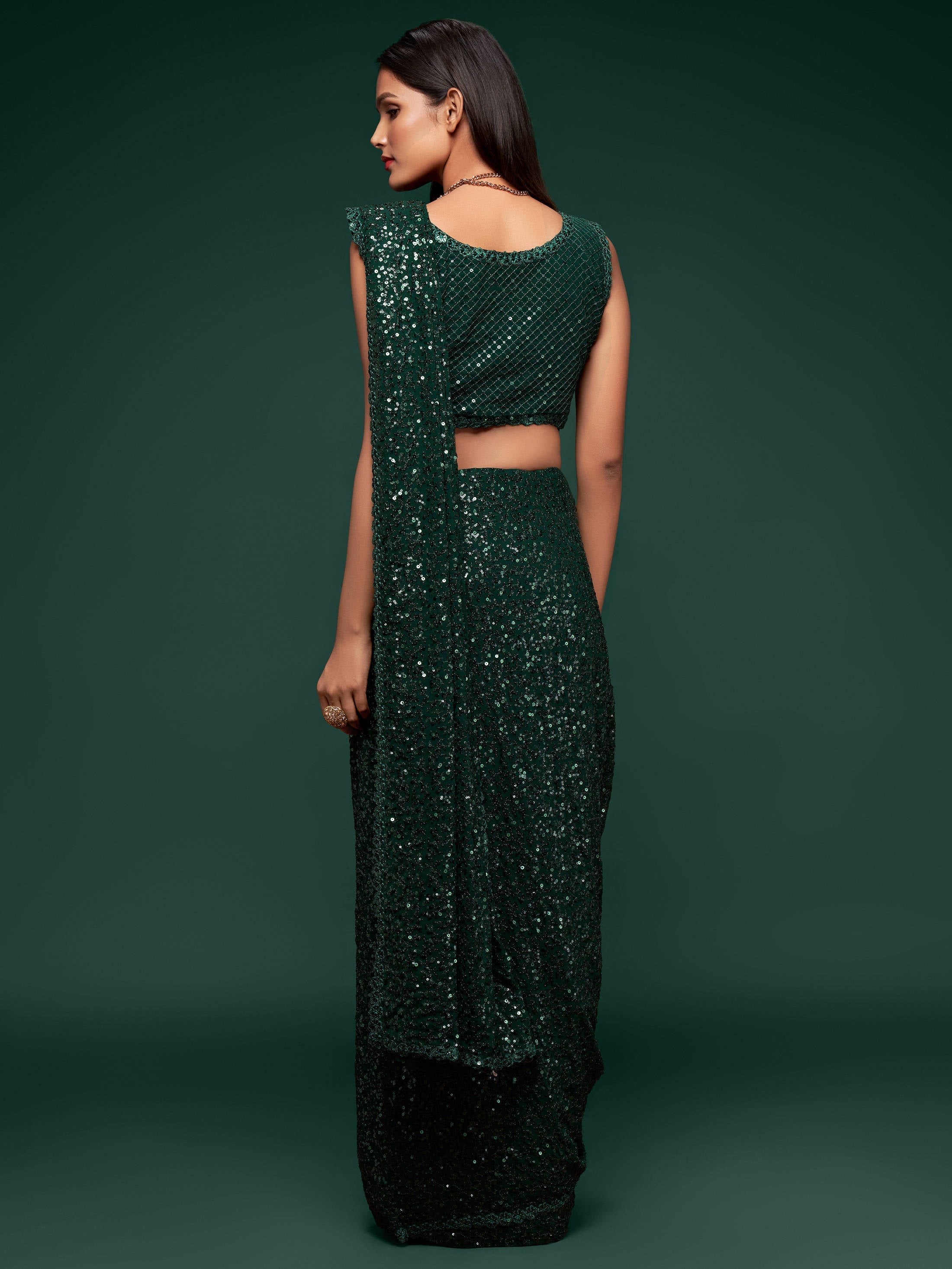 Awesome Deep Green Sequined Georgette Party Wear Saree
