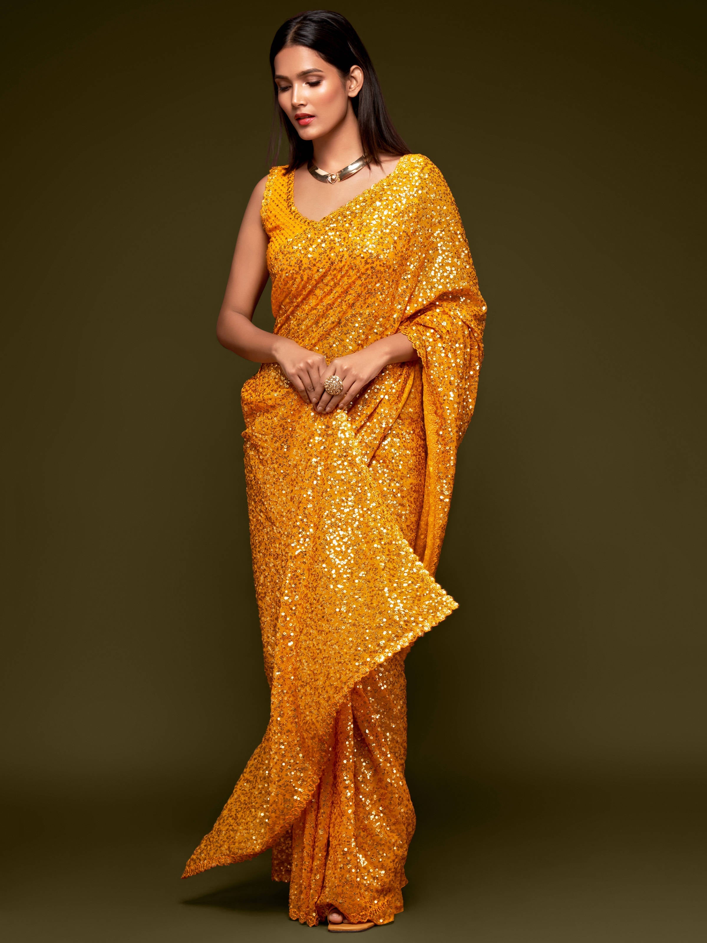 Lovely Honey Yellow Sequined Georgette Party Wear Saree