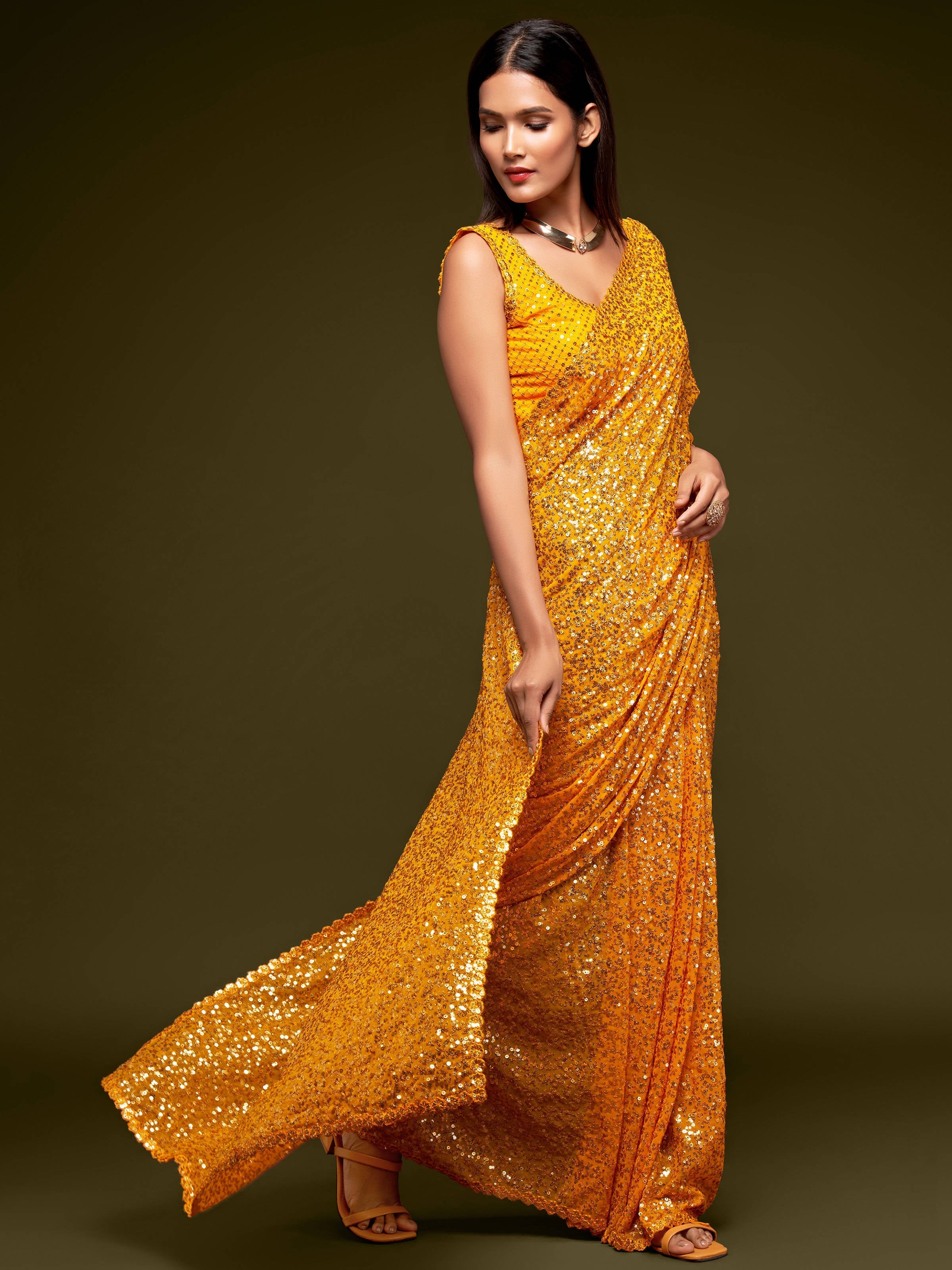 Lovely Honey Yellow Sequined Georgette Party Wear Saree