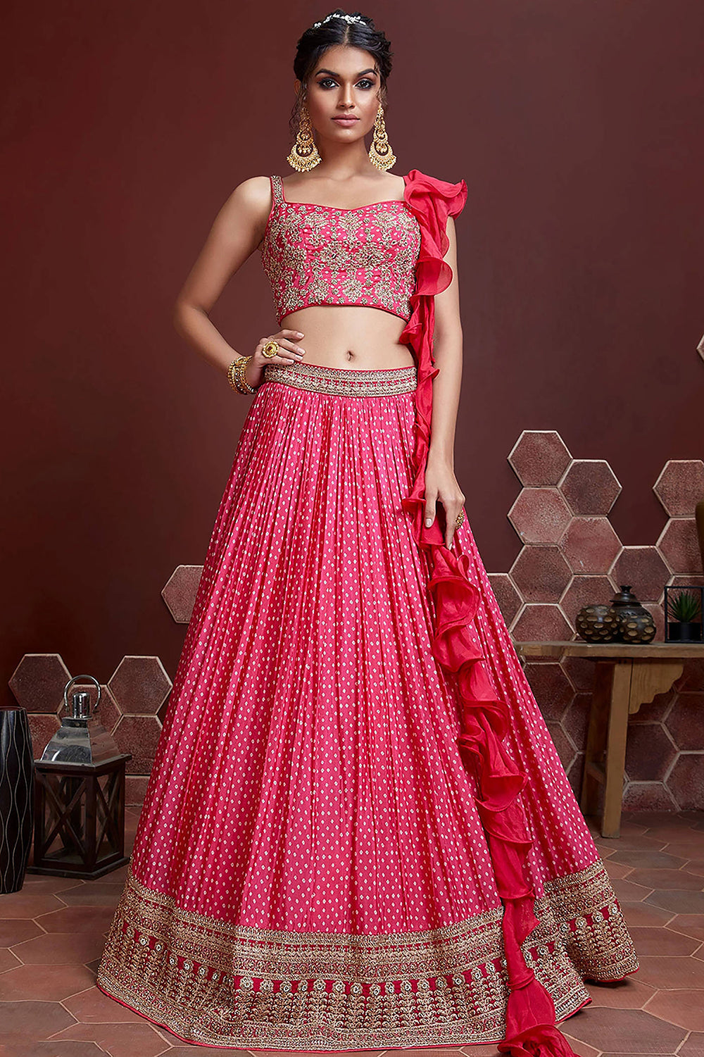 Impressive Pink Digital Print Chinnon Silk Engagement Wear Lehenga Choli