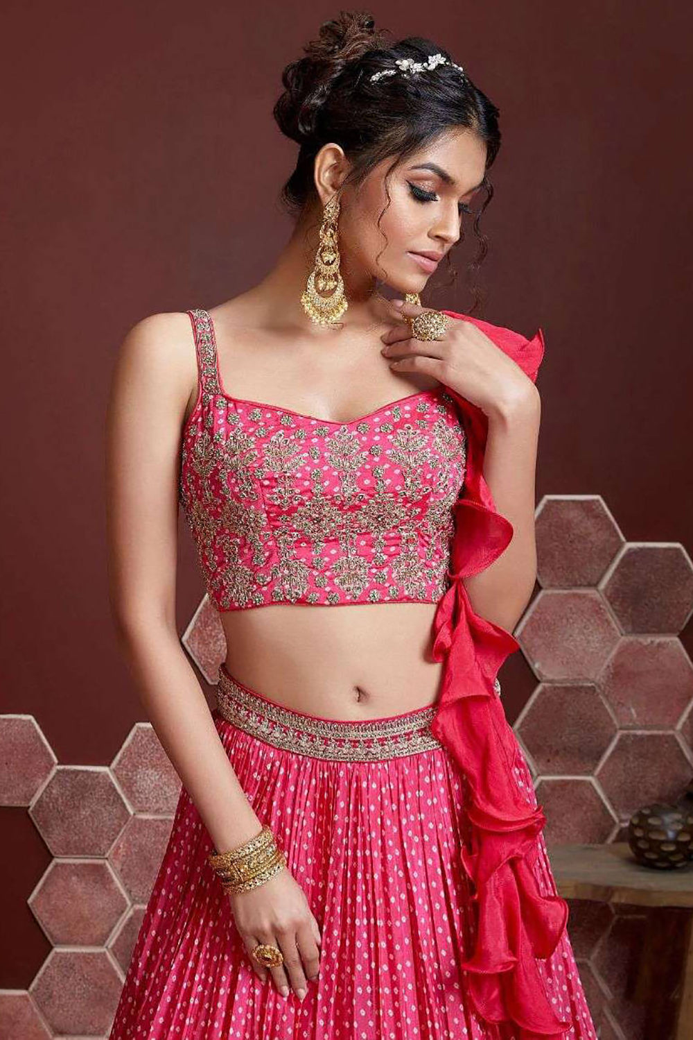 Impressive Pink Digital Print Chinnon Silk Engagement Wear Lehenga Choli
